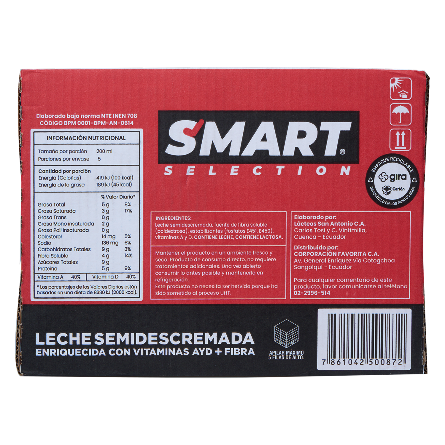 Leche Semidescremada Con Vitaminas Y Fibra SMART SELECTION 8 L