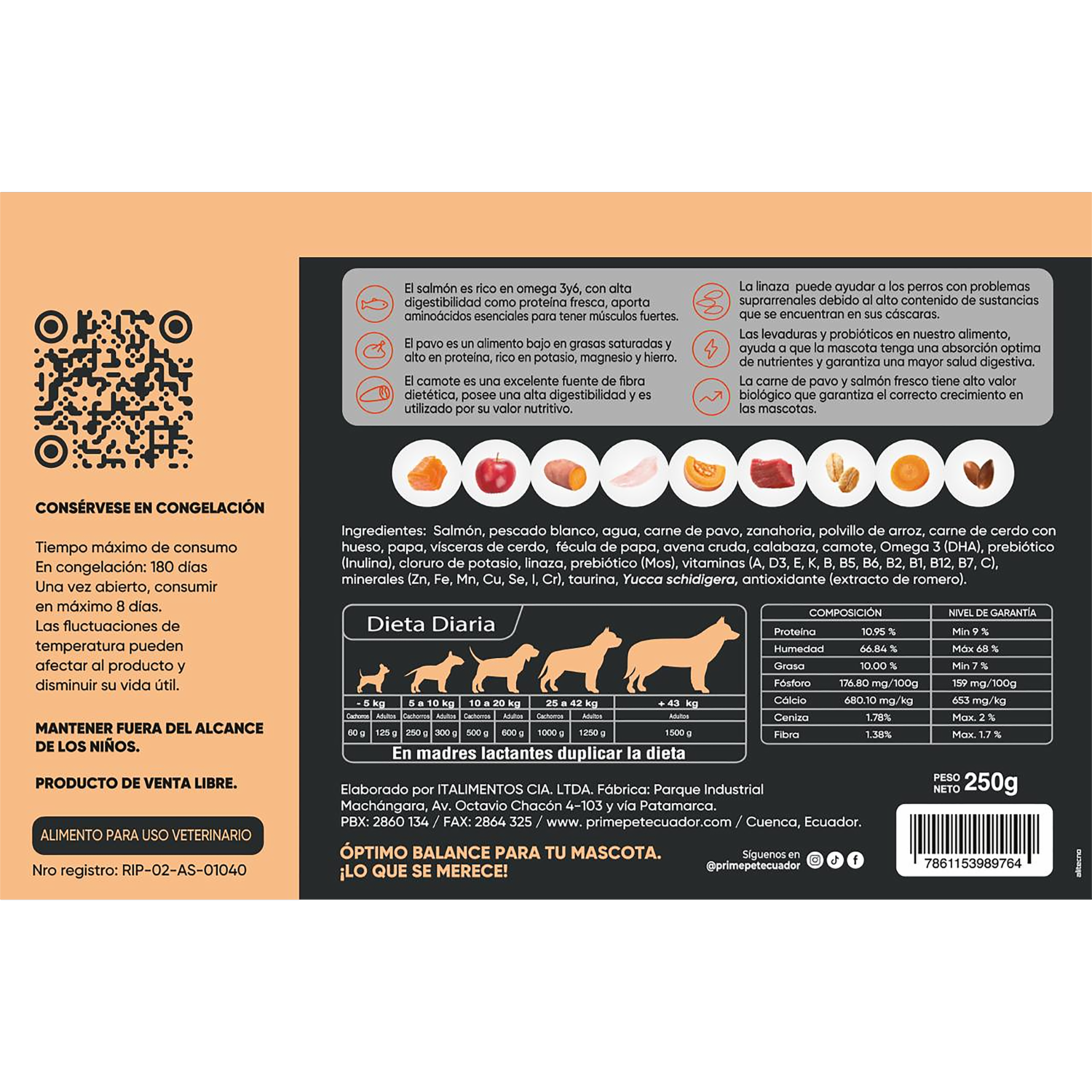 Alimento Para Perros Cocido Receta Salmón Y Pavo PRIME PET 250 G