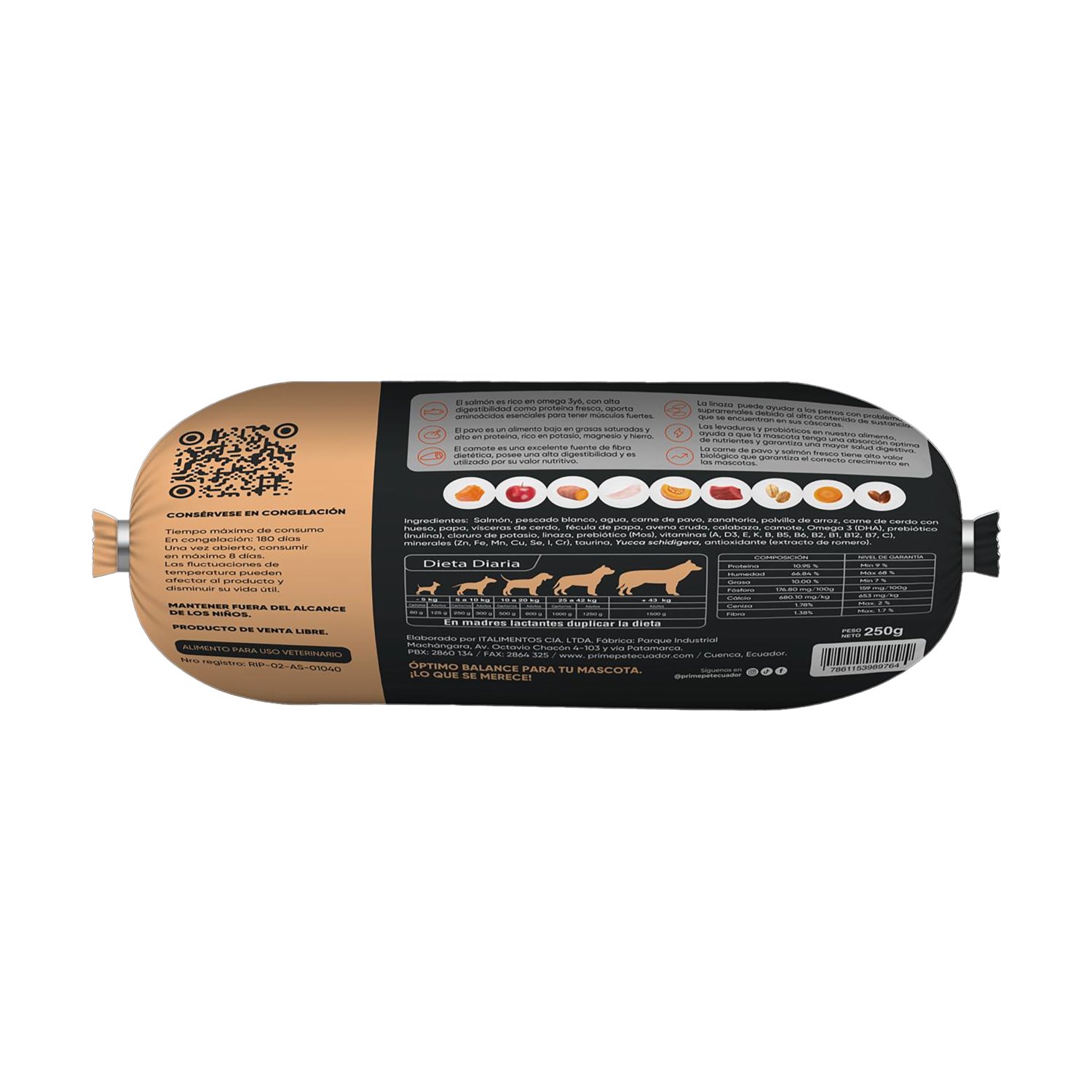 Alimento Para Perros Cocido Receta Salmón Y Pavo PRIME PET 250 G
