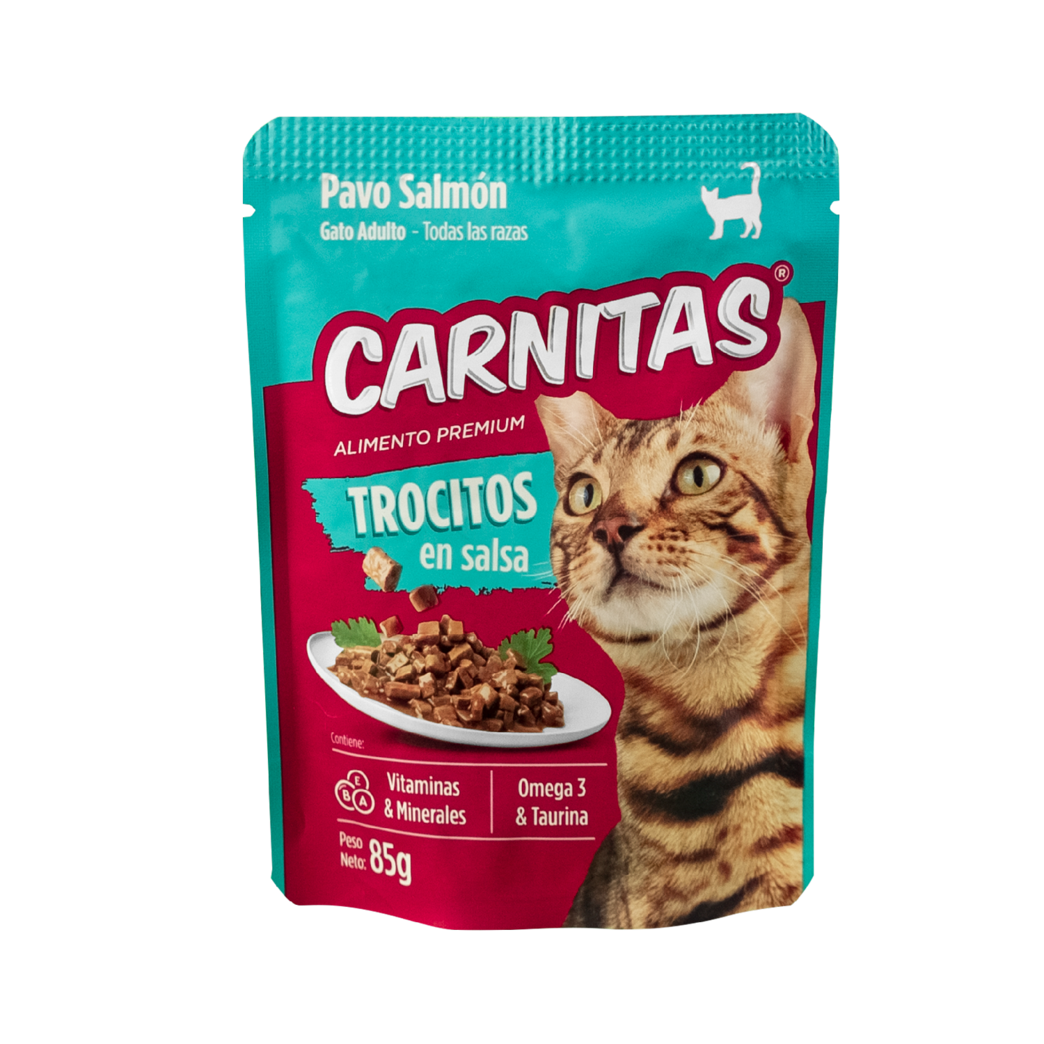 Snack Para Gatos Adultos Todas Las Razas Trocitos En Salsa Pavo Salmón CARNITAS 85 G