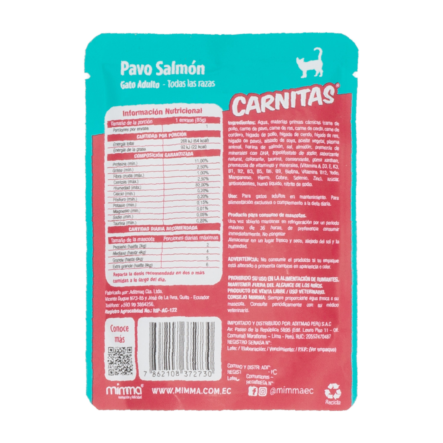 Snack Para Gatos Adultos Todas Las Razas Trocitos En Salsa Pavo Salmón CARNITAS 85 G