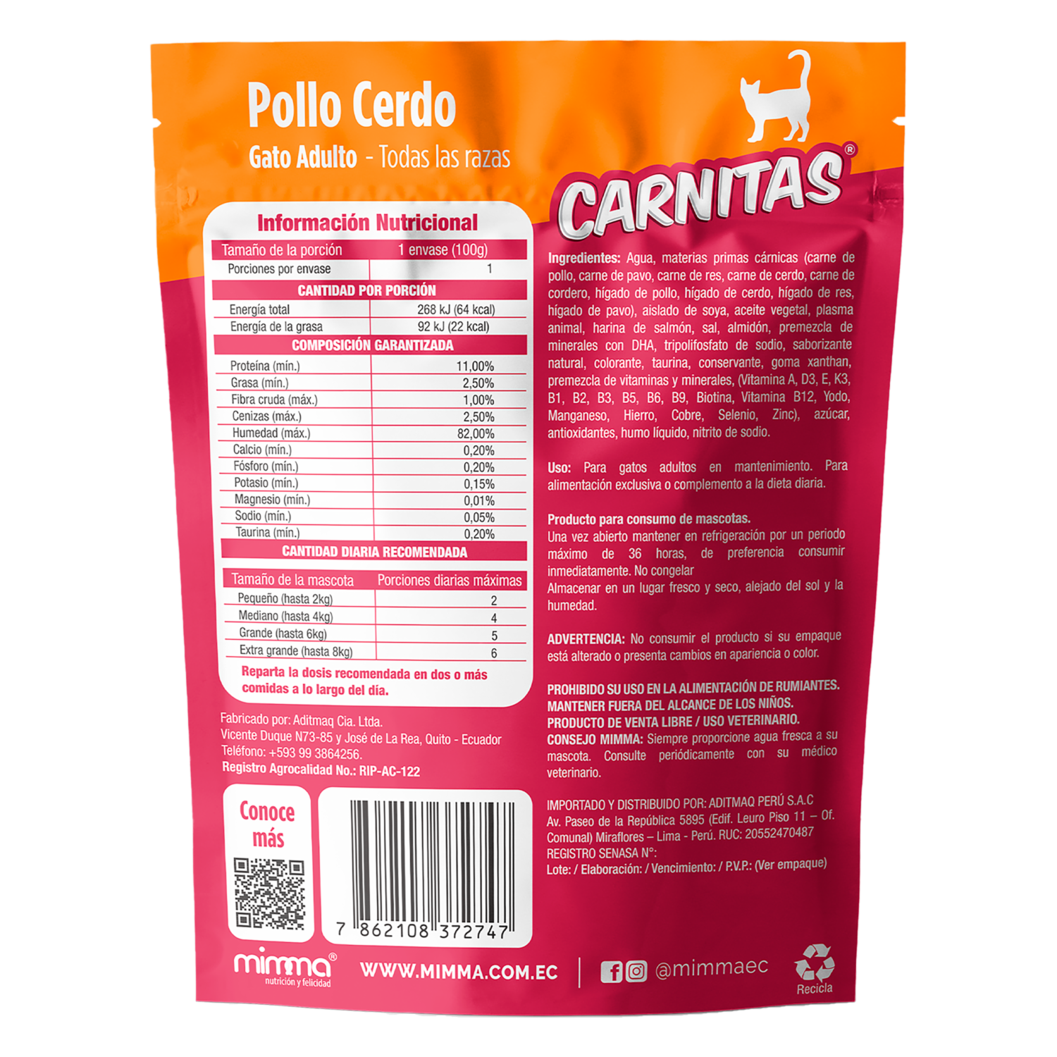 Snack Para Gatos Adultos Todas Las Razas Trocitos En Salsa Pollo Cerdo CARNITAS 85 G