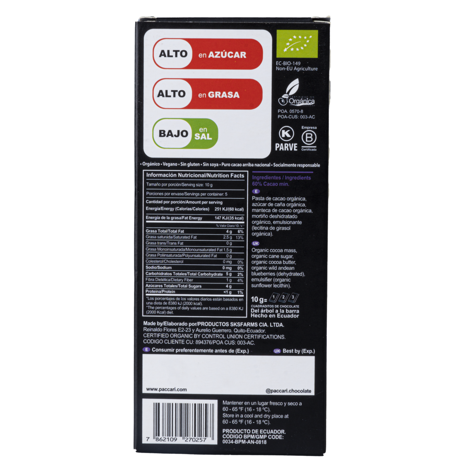 Chocolate Mortiño PACCARI 50 G