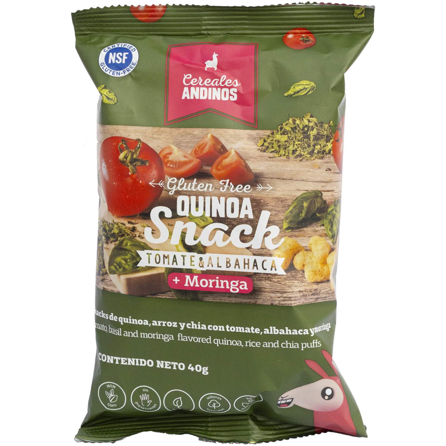 Quinoa Snack Tomate & Albahaca Con Arroz, Chía + Moringa Libre De Gluten CEREALES ANDINOS 40 G