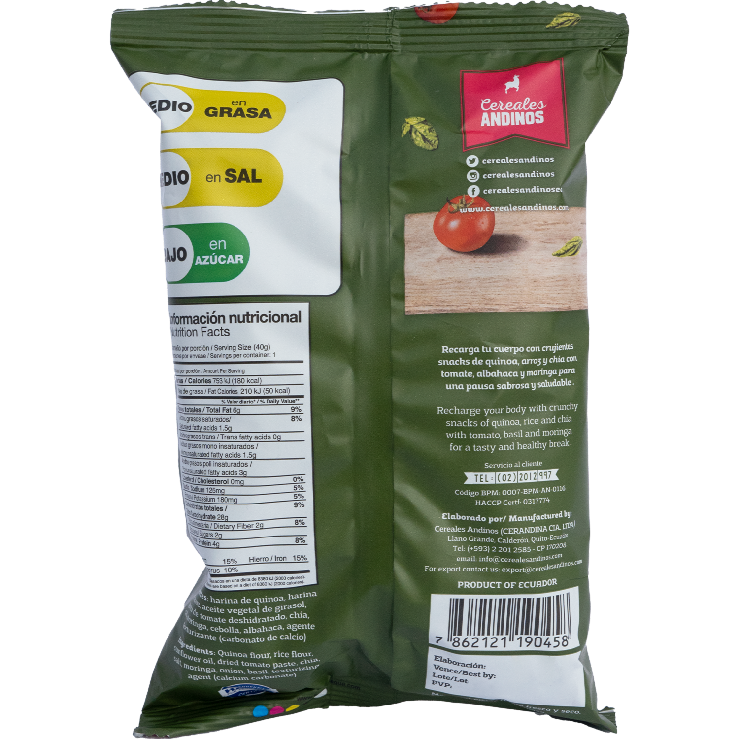 Quinoa Snack Tomate & Albahaca Con Arroz, Chía + Moringa Libre De Gluten CEREALES ANDINOS 40 G