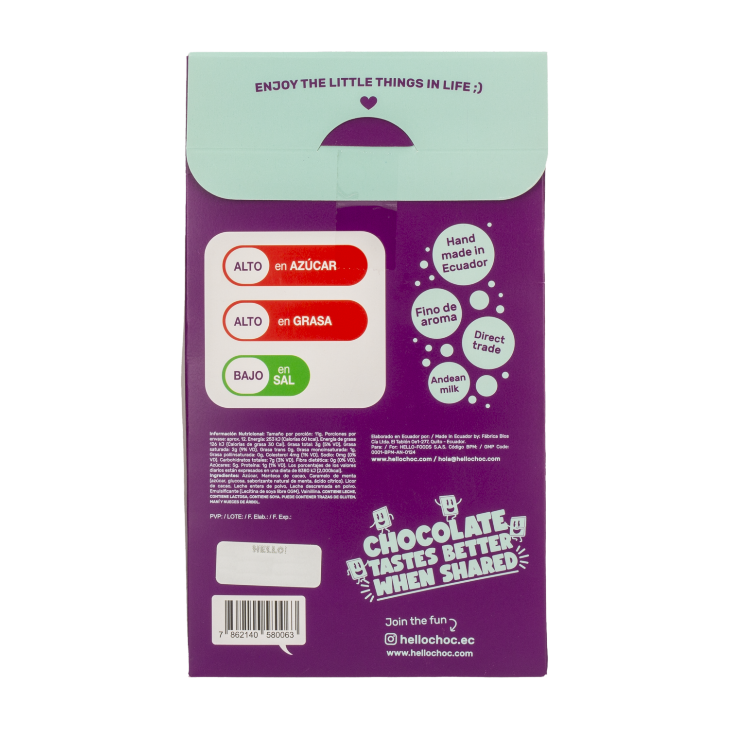 Chocolate Mini Barras Con Menta HELLO CHOC 132 G