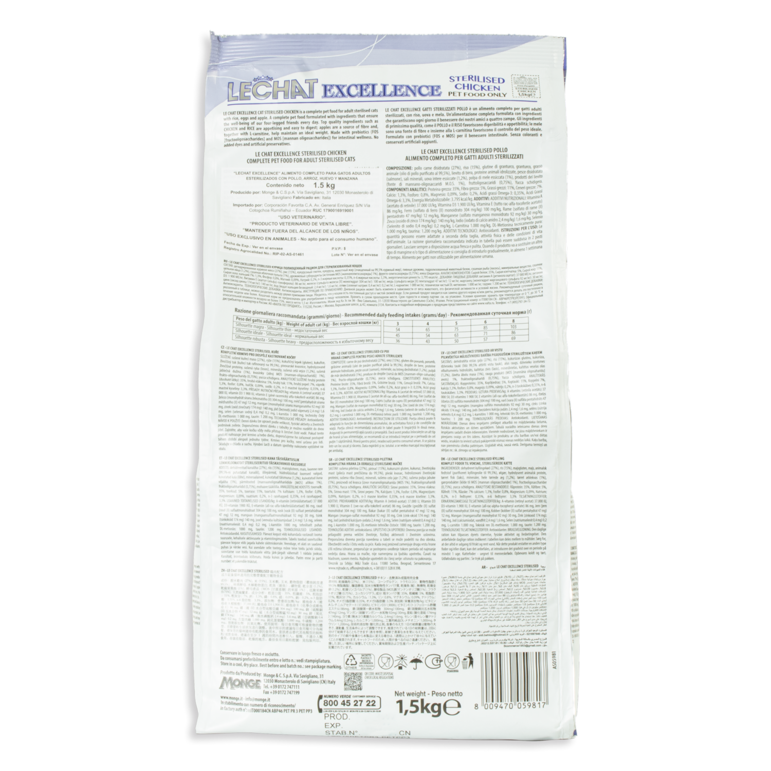 Alimento Para Gatos Adultos Esterilizados Con Pollo Arroz Huevo Manzana EXCELLENCE 1500 G