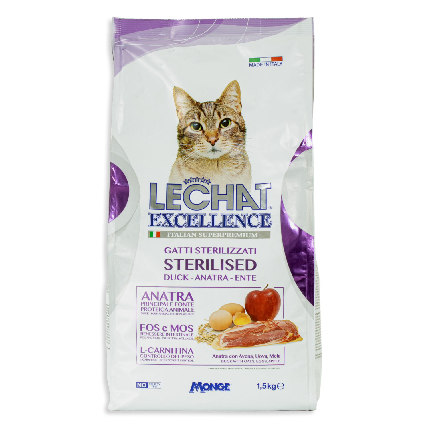 Alimento Para Gatos Adultos Esterilizados Con Pato Arroz Huevo Manzana EXCELLENCE 1500 G
