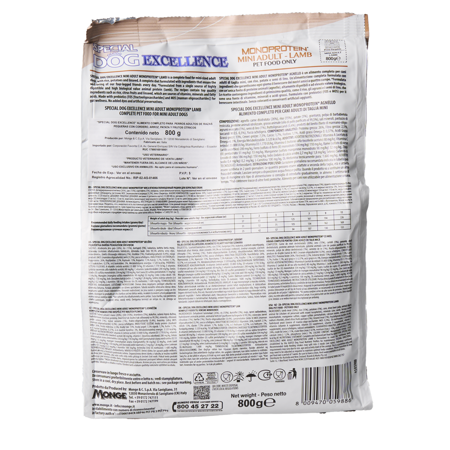 Alimento Para Perros Adultos Razas Pequeñas Con Cordero Arroz Patatas Y Frutos Cítricos EXCELLENCE 800 G