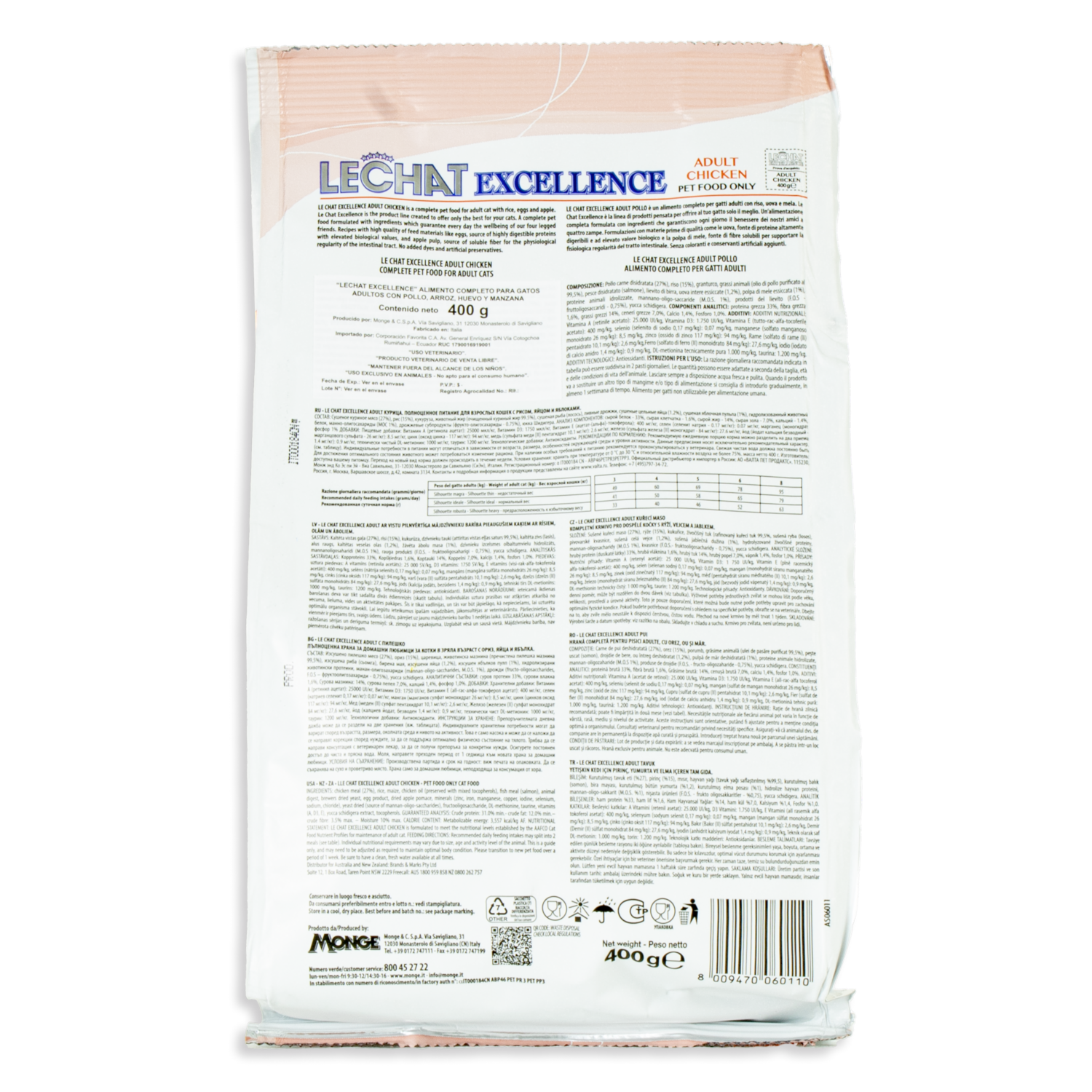 Alimento Para Gatos Adultos Con Pollo Arroz Huevo Manzana EXCELLENCE 400 G