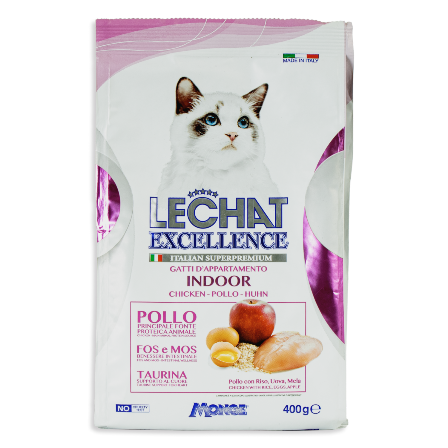 Alimento Para Gatos Adultos Con Pollo Arroz Huevo Manzana Indoor EXCELLENCE 400 G