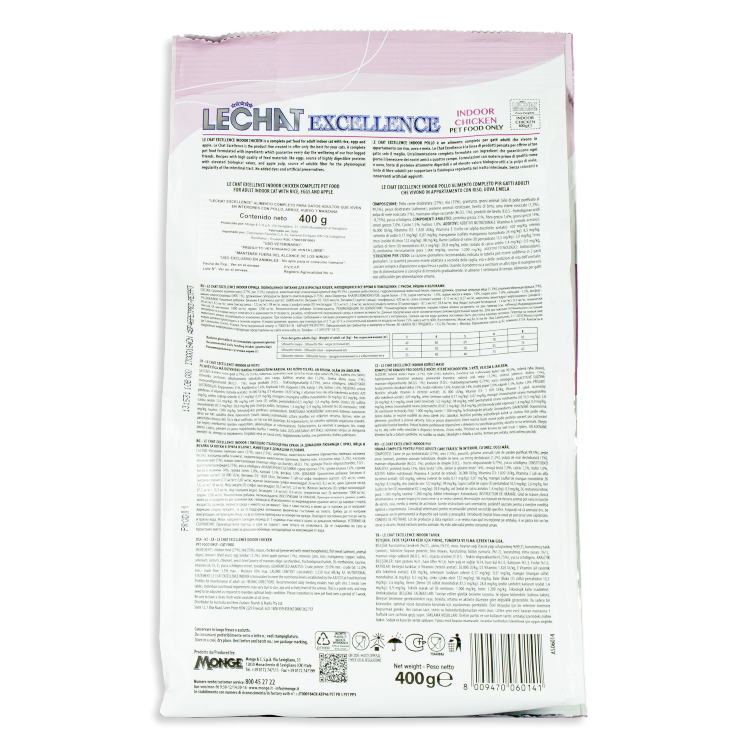 Alimento Para Gatos Adultos Con Pollo Arroz Huevo Manzana Indoor EXCELLENCE 400 G