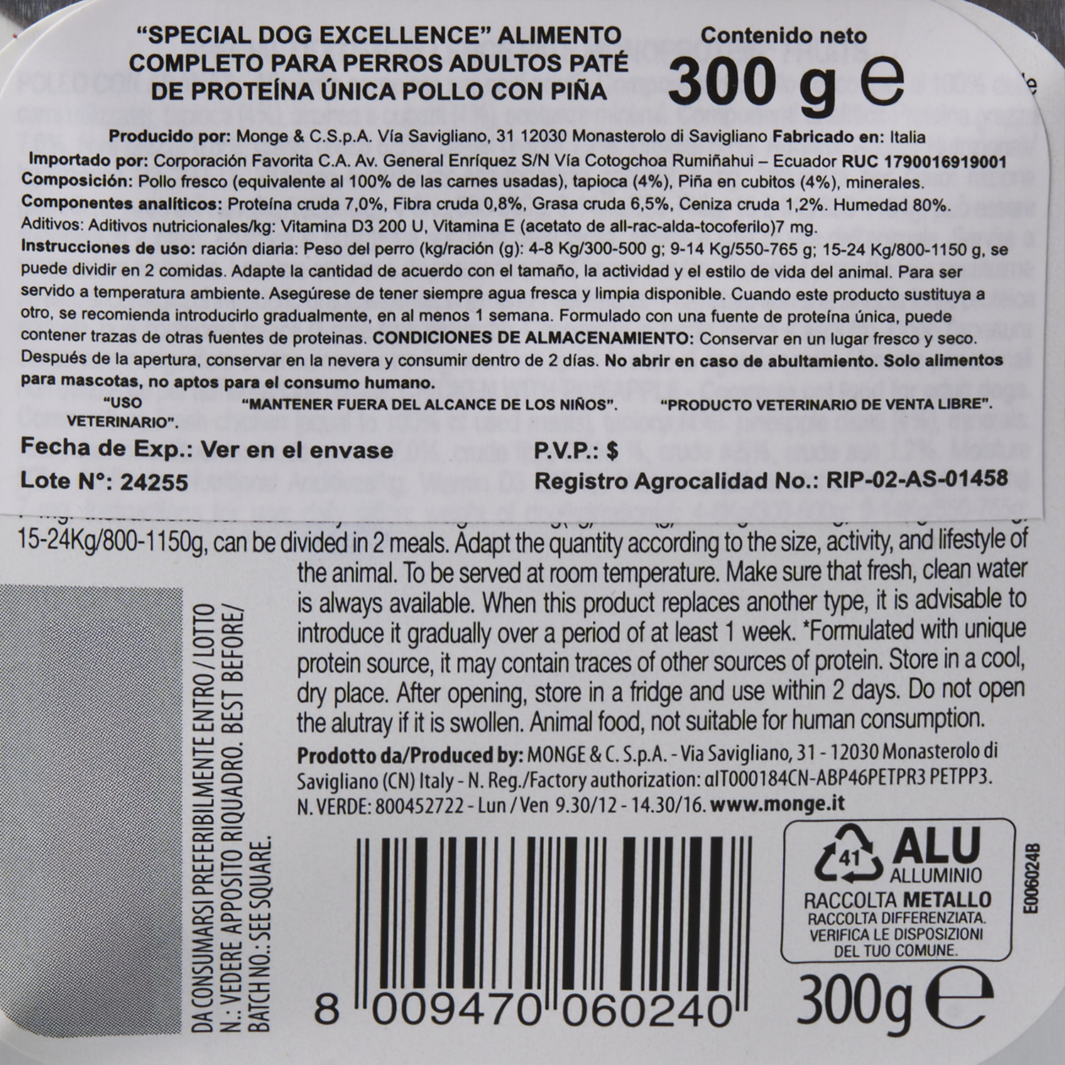 Alimento Húmedo Para Perros Adultos Pate Completo De Pollo Con Piña EXCELLENCE 300 G