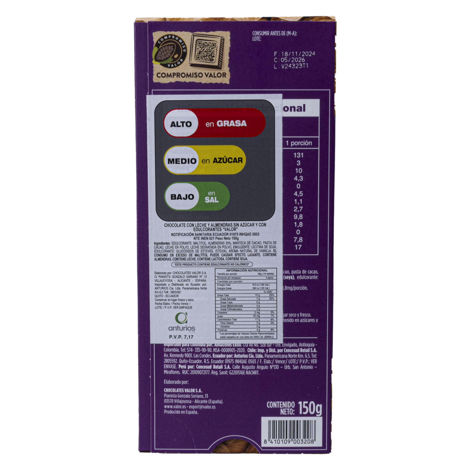 Chocolate Con Leche Y Almendra VALOR 150 G