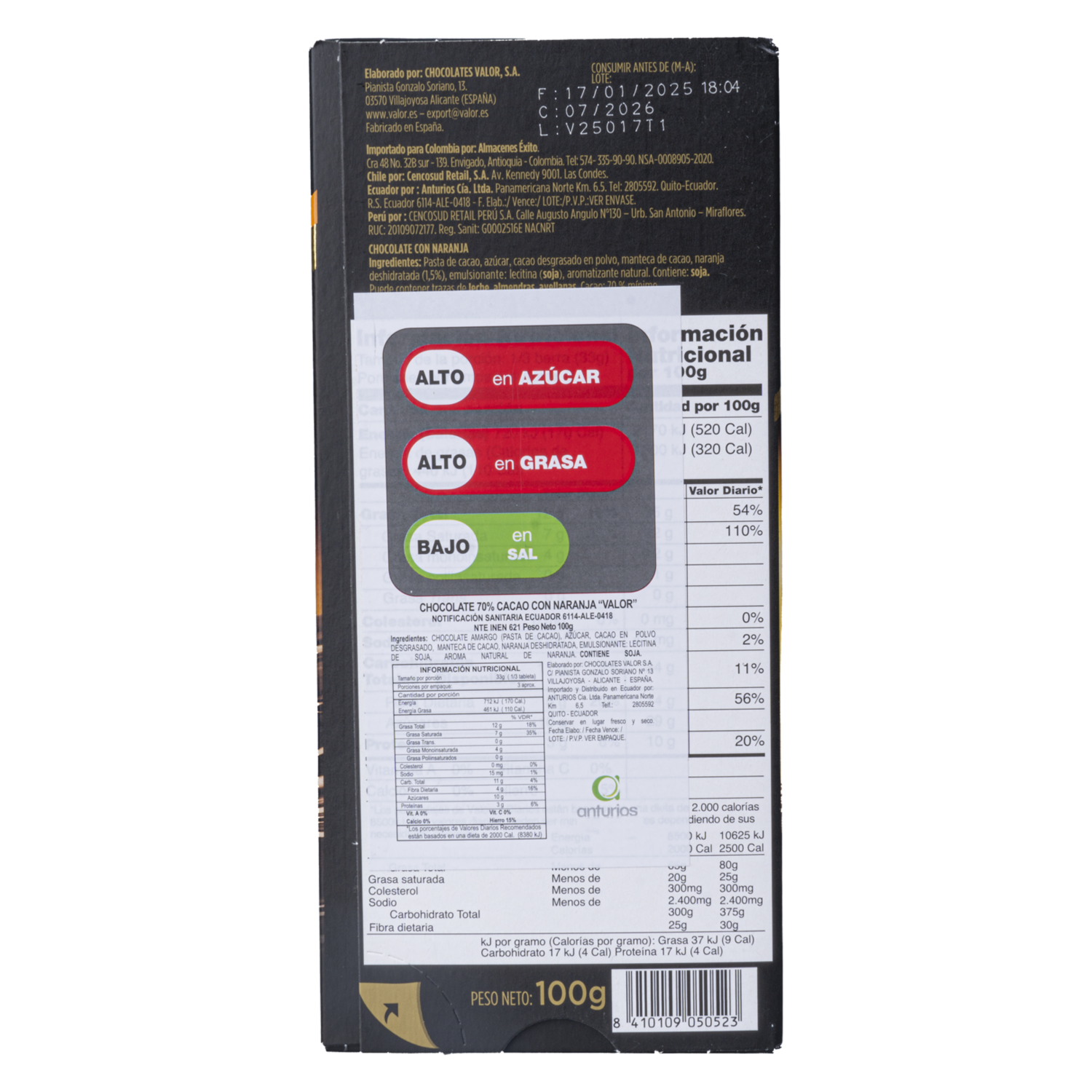 Chocolate Negro Sabor A Naranja VALOR 100 G