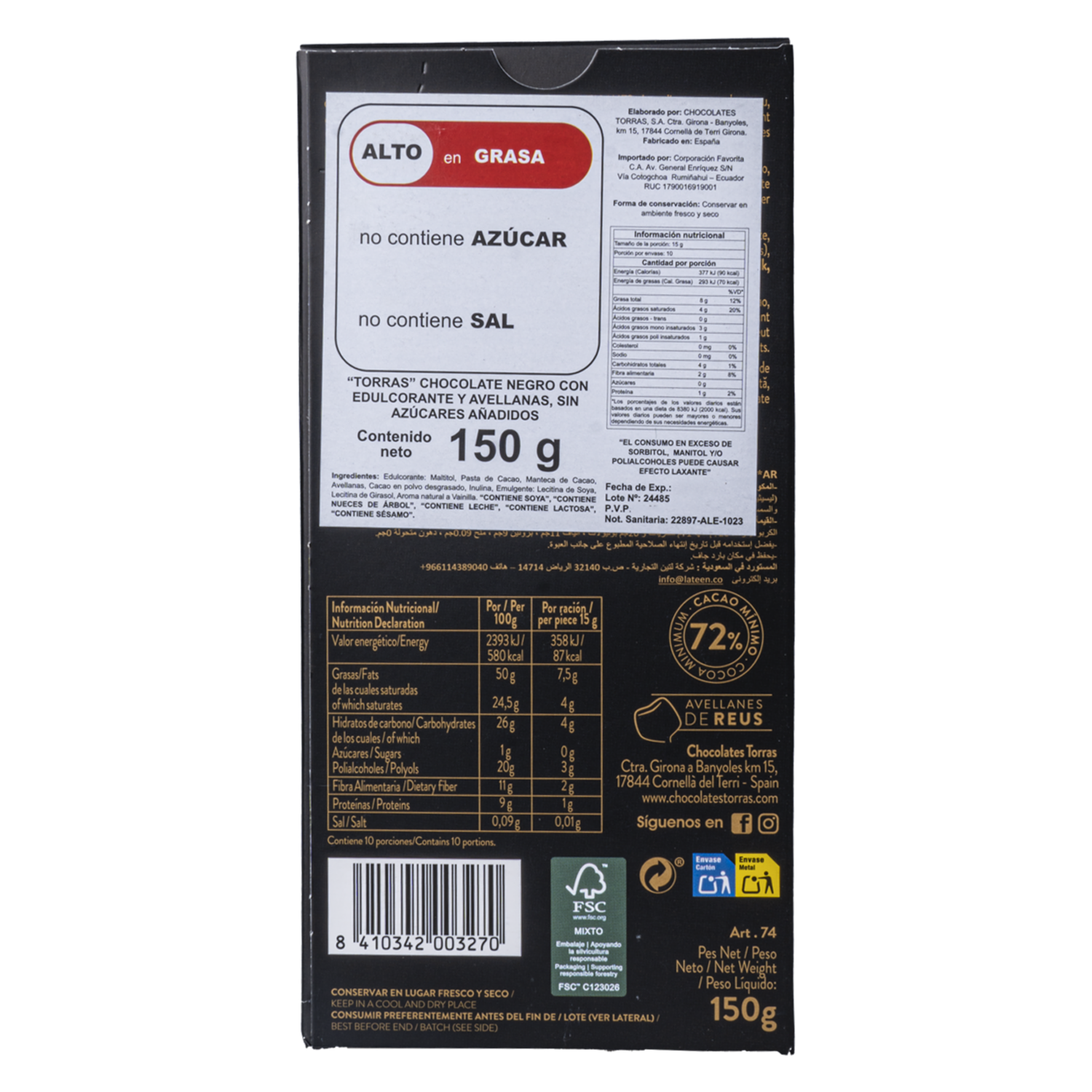 Chocolate Negro Con Avellanas Sin Azúcar Añadida TORRAS 150 G