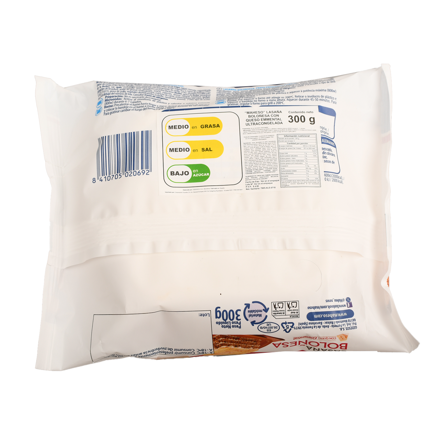 Lasaña Boloñesa Con Queso Enmental MAHESO 300 g
