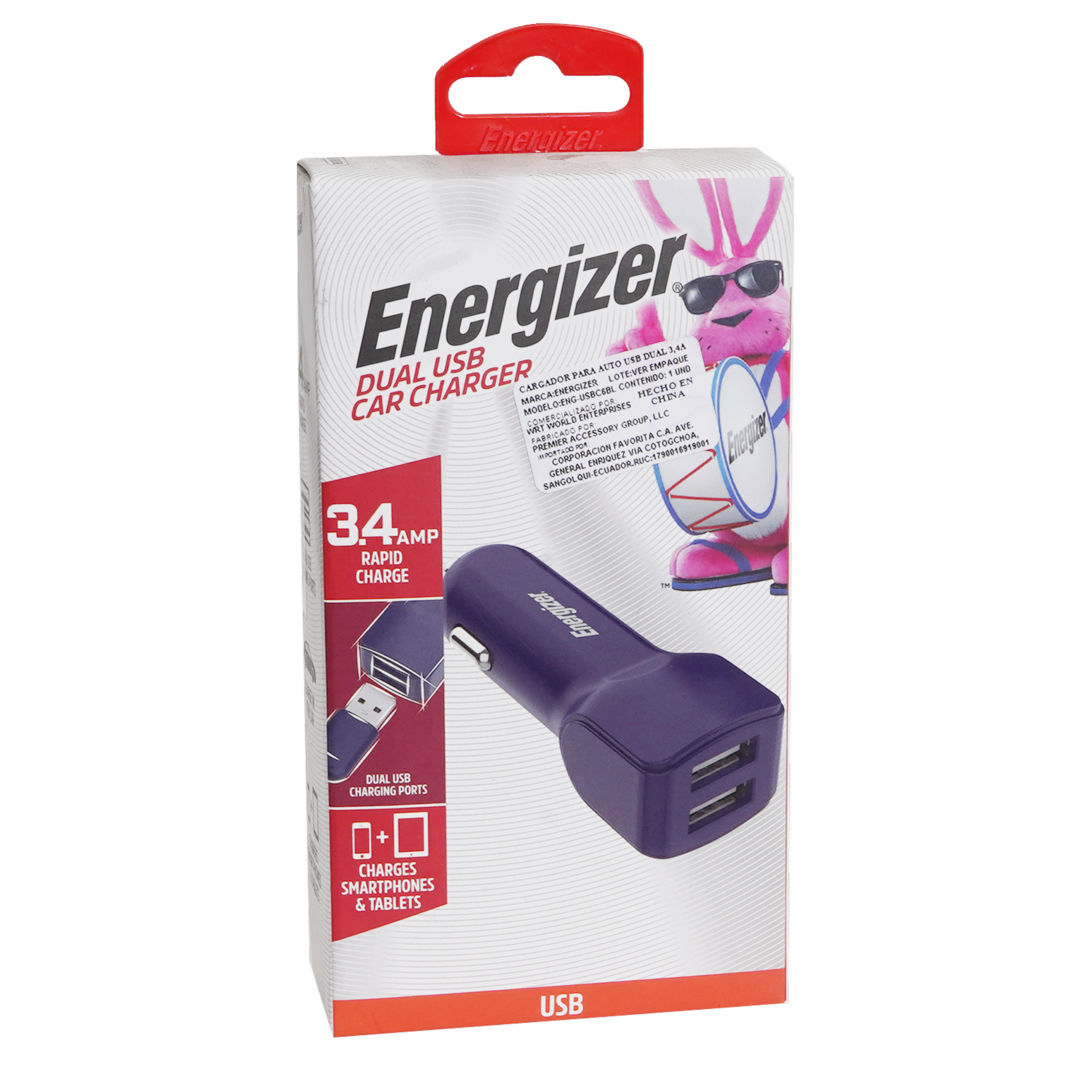 Cargador Para Auto 3,4 Amperios ENERGIZER Dual USB