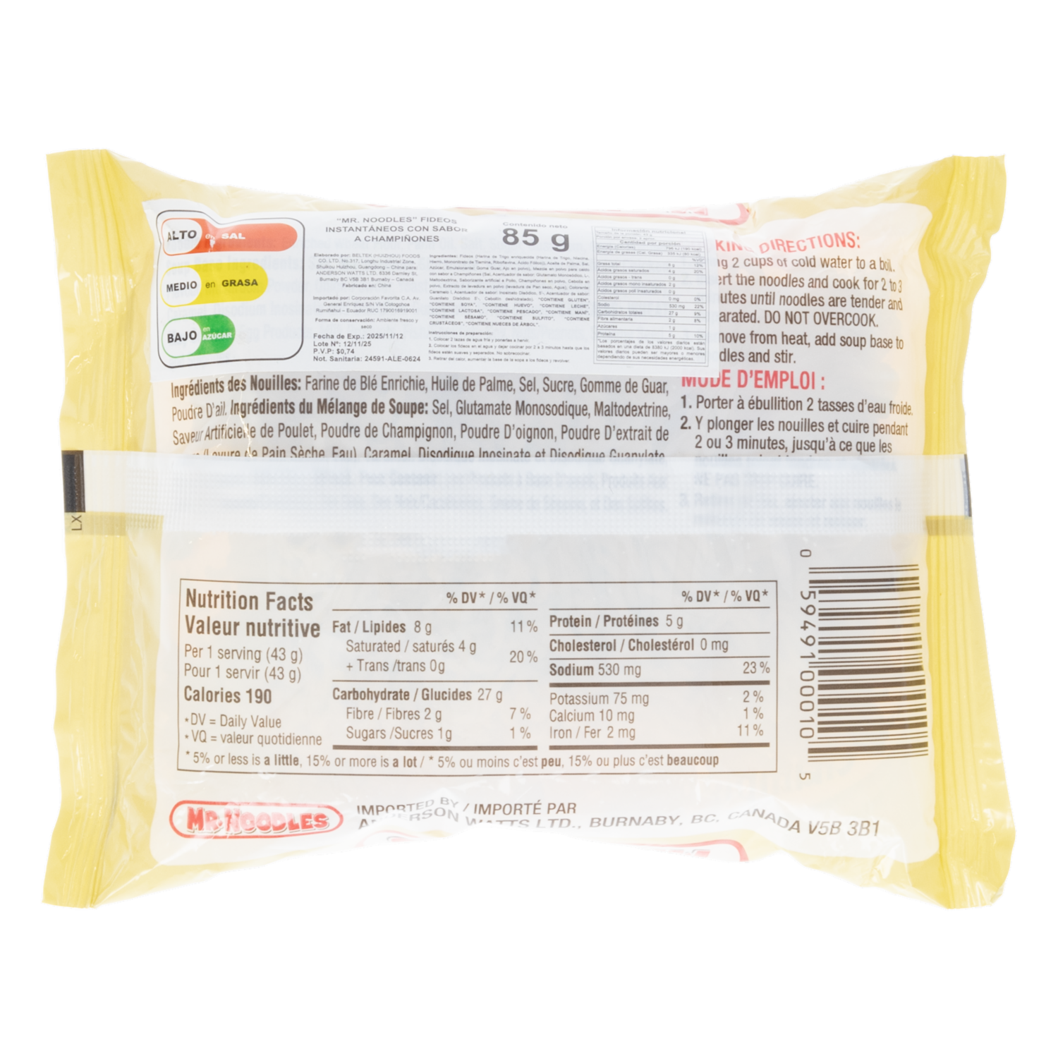 Fideos Instantáneos Sabor A Champiñones MR. NOODLES 85 G