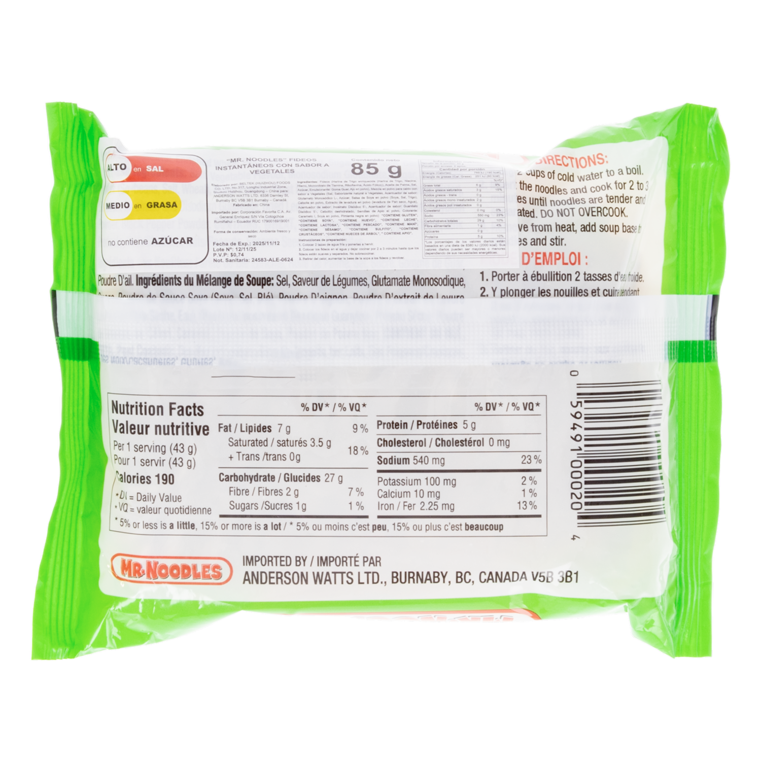 Fideos Instantáneos Sabor A Vegetales MR. NOODLES 85 G