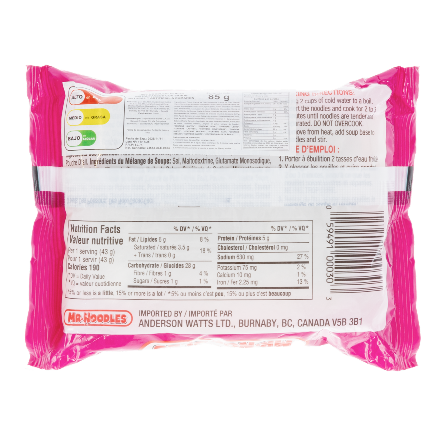 Fideos Instantáneos Sabor A Camarón MR. NOODLES 85 G