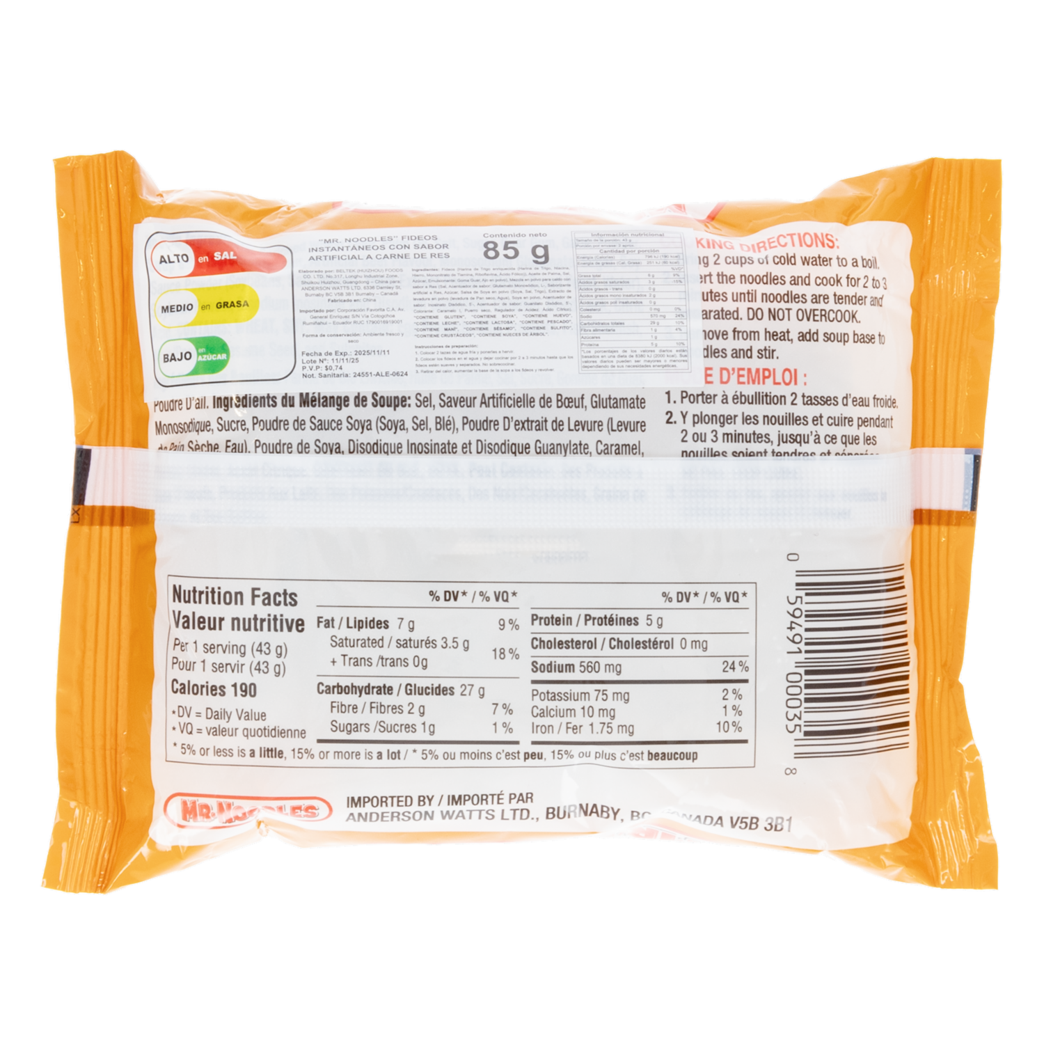 Fideos Instantáneos Sabor A Carne MR. NOODLES 85 G