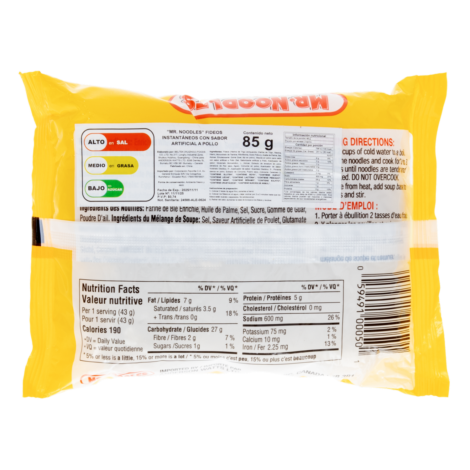 Fideos Instantáneos Sabor A Pollo MR. NOODLES 85 G
