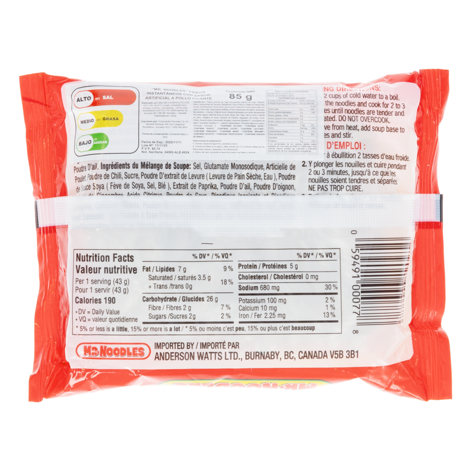 Fideos Instantáneos Sabor A Pollo Picante MR. NOODLES 85 G
