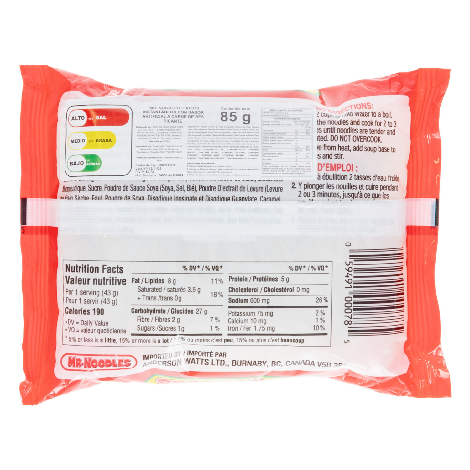 Fideos Instantáneos Sabor A Carne Picante MR. NOODLES 85 G