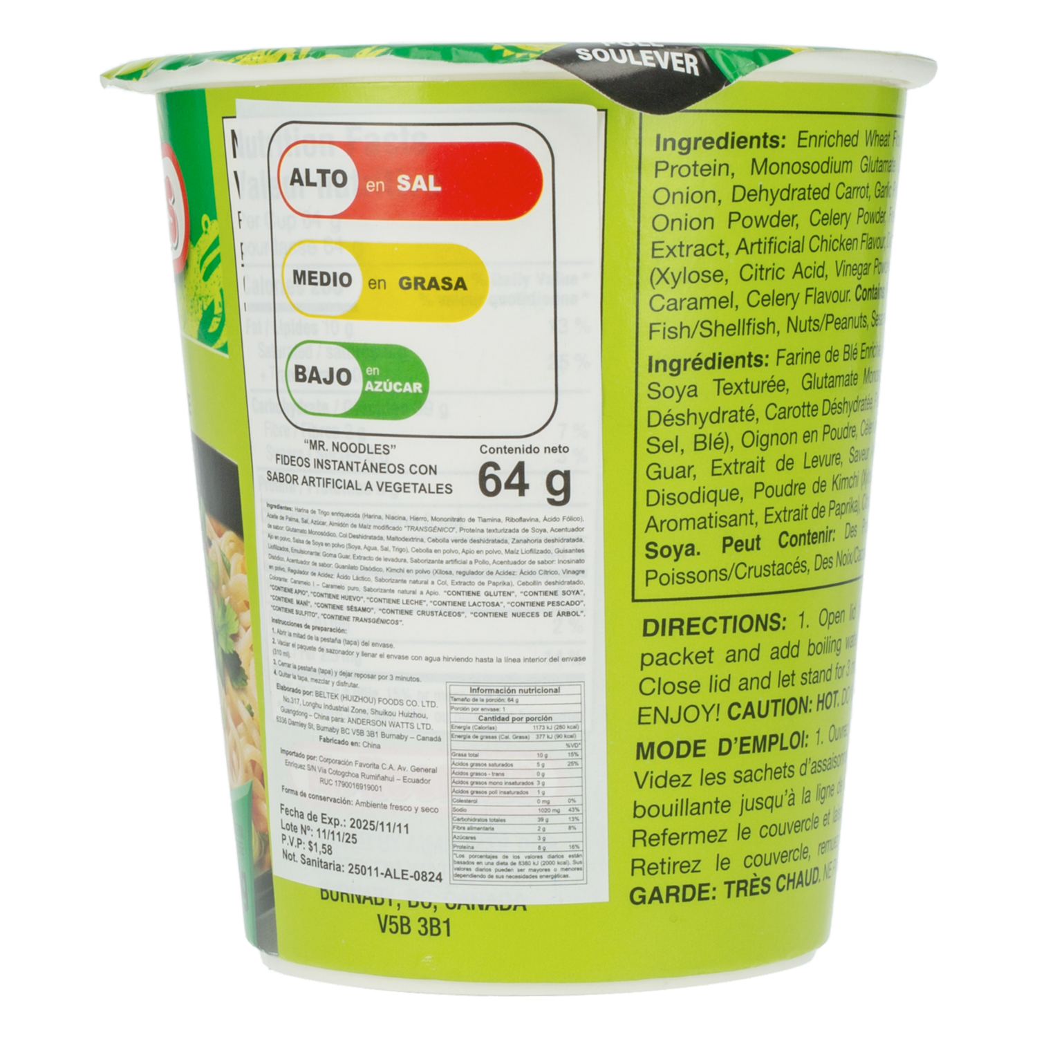 Fideos Instantáneos En Copa Sabor A Vegetales MR. NOODLES 64 G