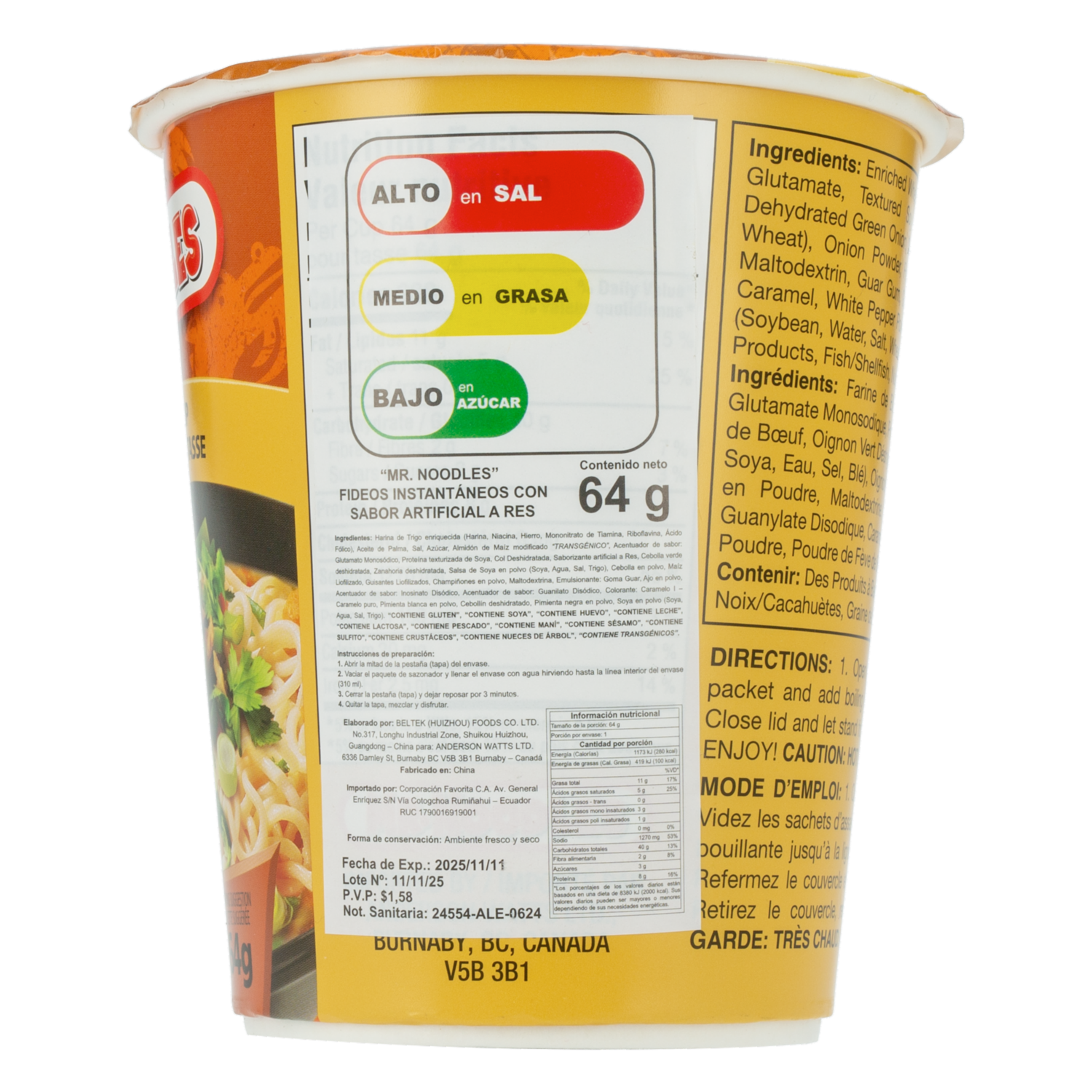 Fideos Instantáneos En Copa Sabor A Carne MR. NOODLES 64 G