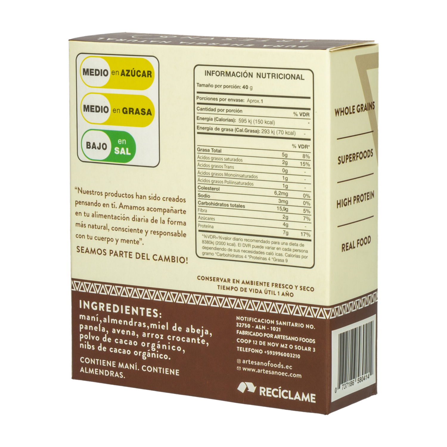Barra Energética De Cacao Orgánico ARTESANO 200 G