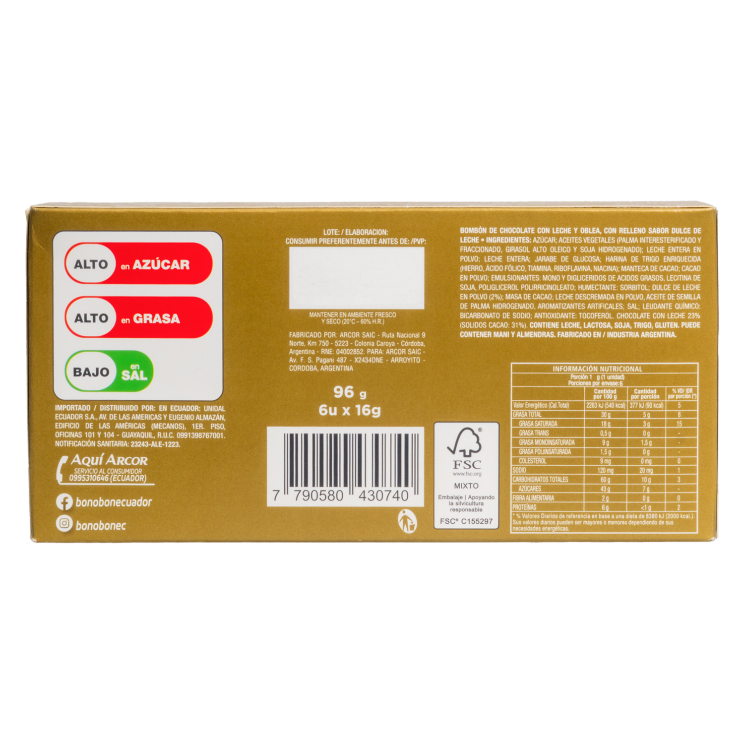 Chocolate Con Dulce De Leche BON O BON 96 G