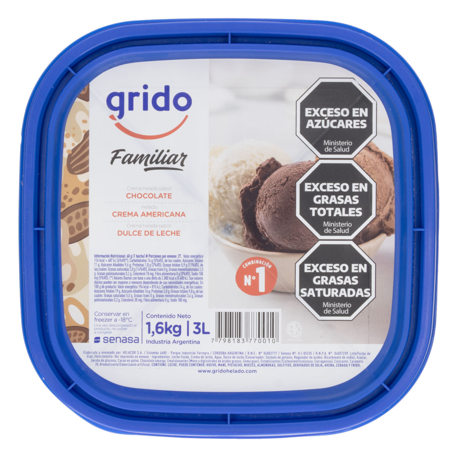 Helado Sabor Chocolate, Crema Americana Y Dulce De Leche GRIDO 1600 G