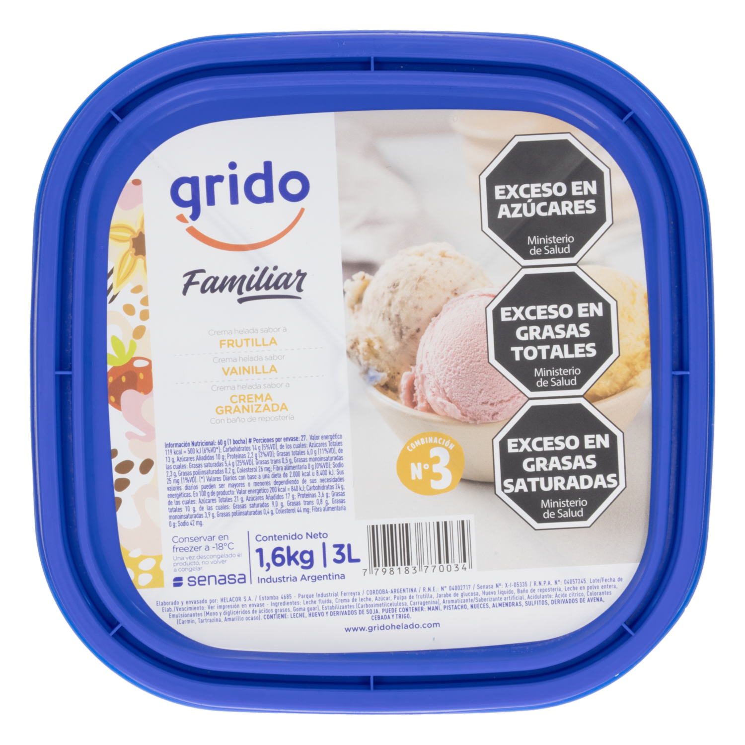 Helado Sabor Frutilla, Vainilla y Crema Granizada GRIDO 1600 G