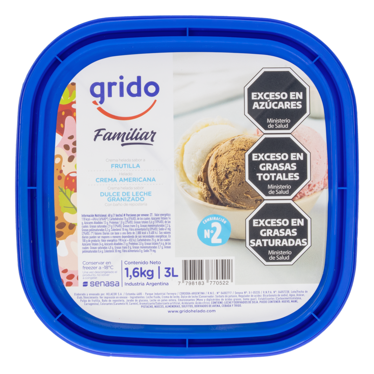 Helado Sabor Frutilla, Crema Americana Y Dulce De Leche Granizado GRIDO 1600 G