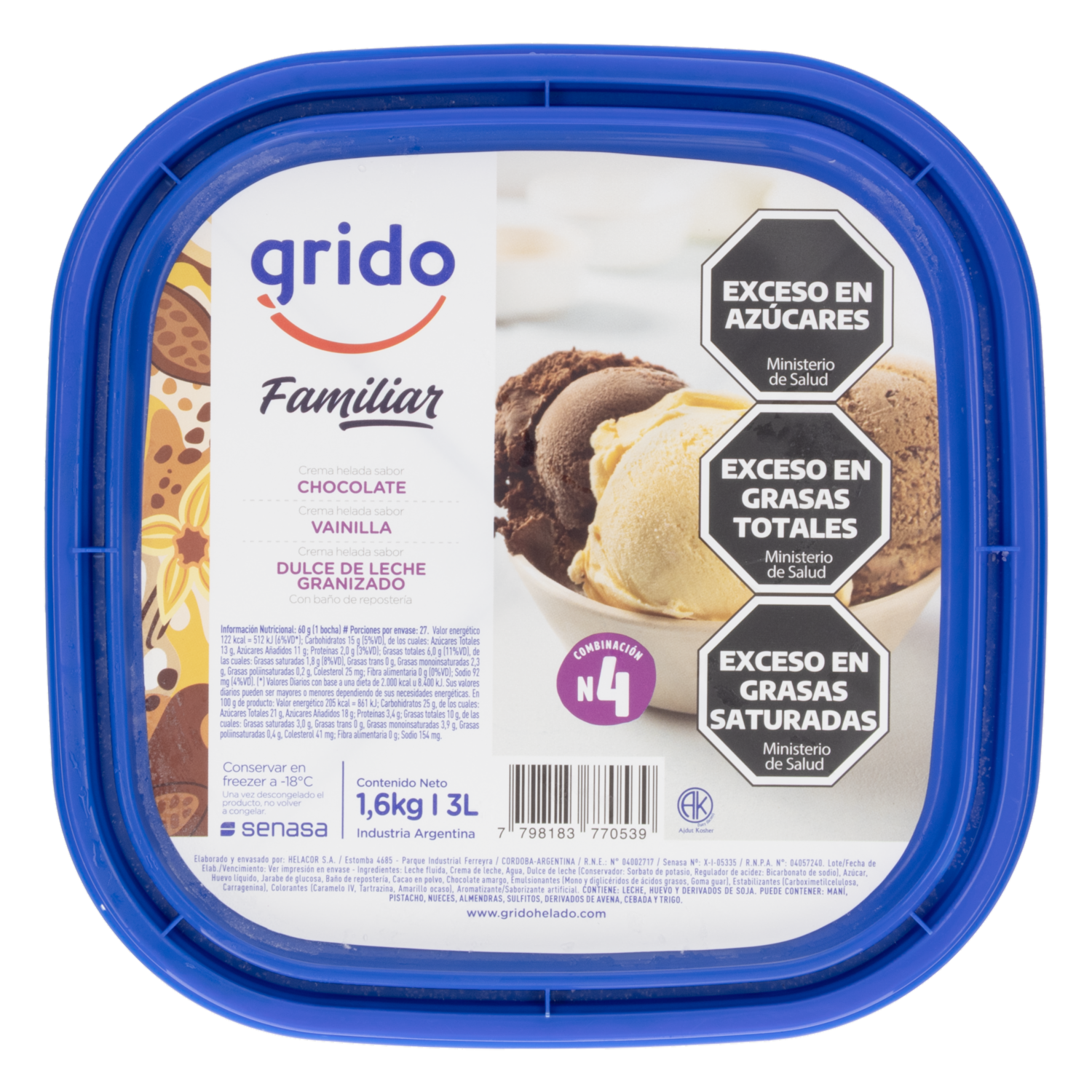 Helado Sabor Chocolate, Vainilla Y Dulce De Leche Granizado GRIDO 1600 G