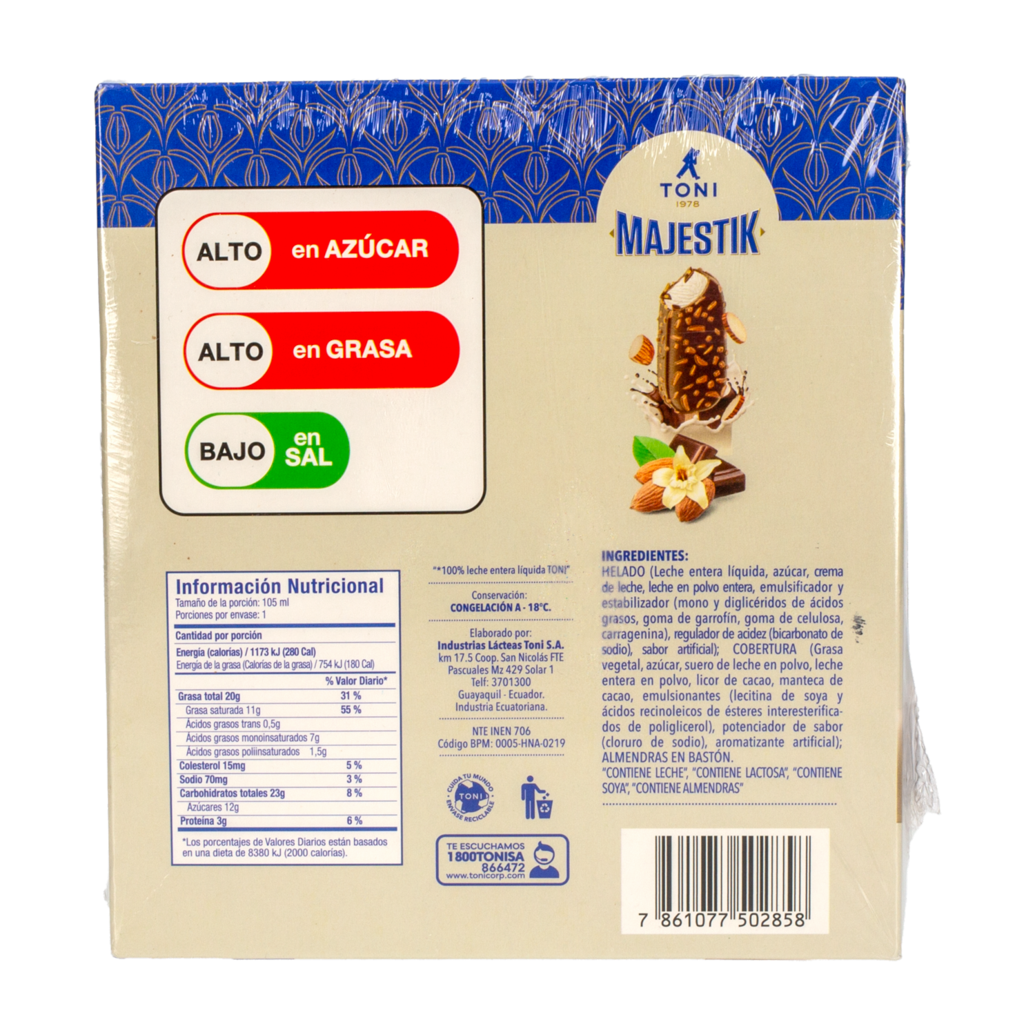 Helado Majestik Vainilla Cubierto De Chocolate Y Almendras TONI 4 X 105 Ml