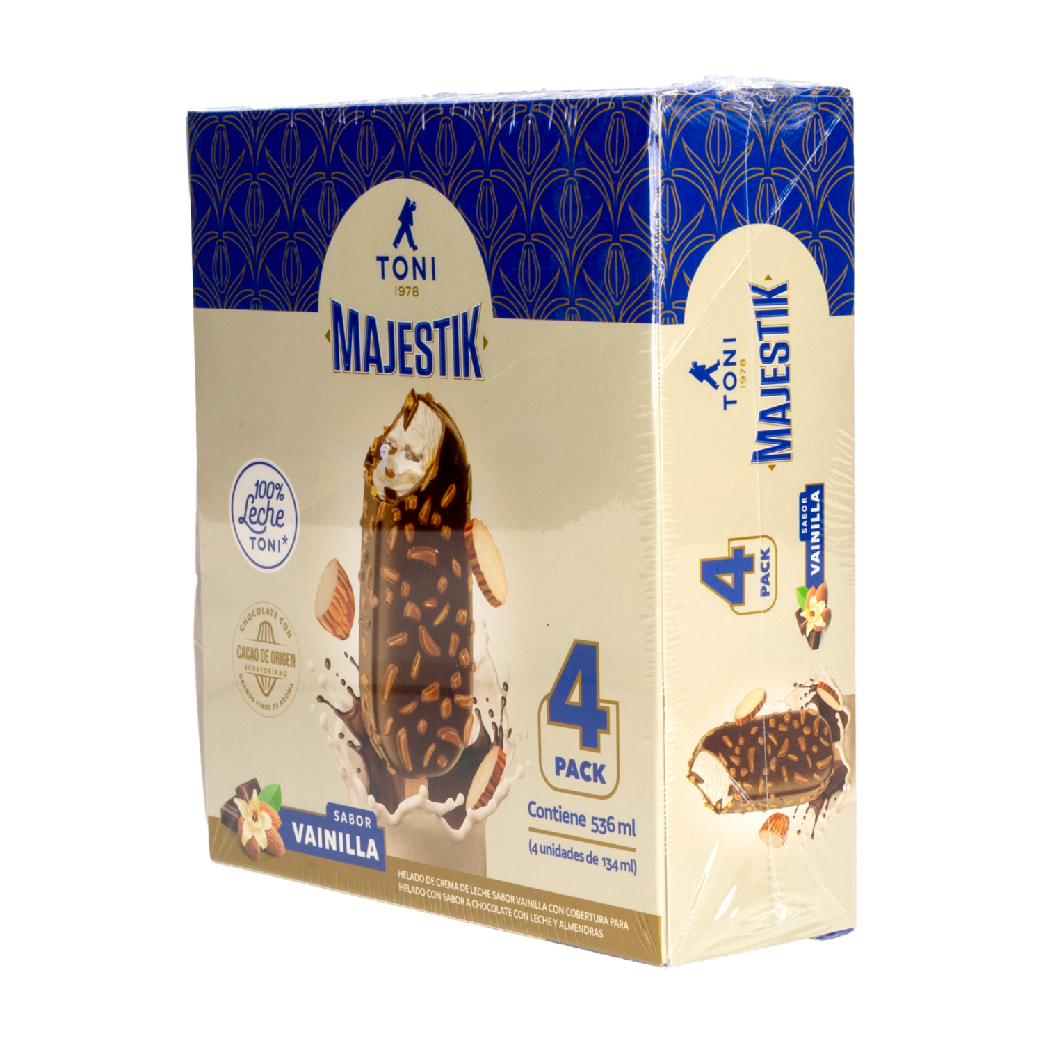 Helado Majestik Vainilla Cubierto De Chocolate Y Almendras TONI 4 X 105 Ml