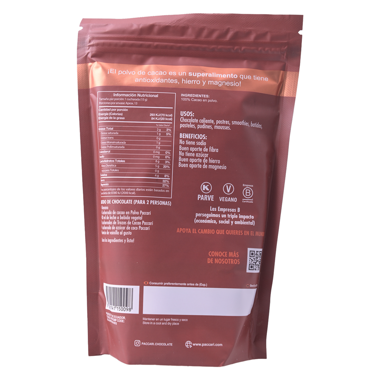 Cacao En Polvo Natural Sin Azúcar Cocoa PACCARI 200 G
