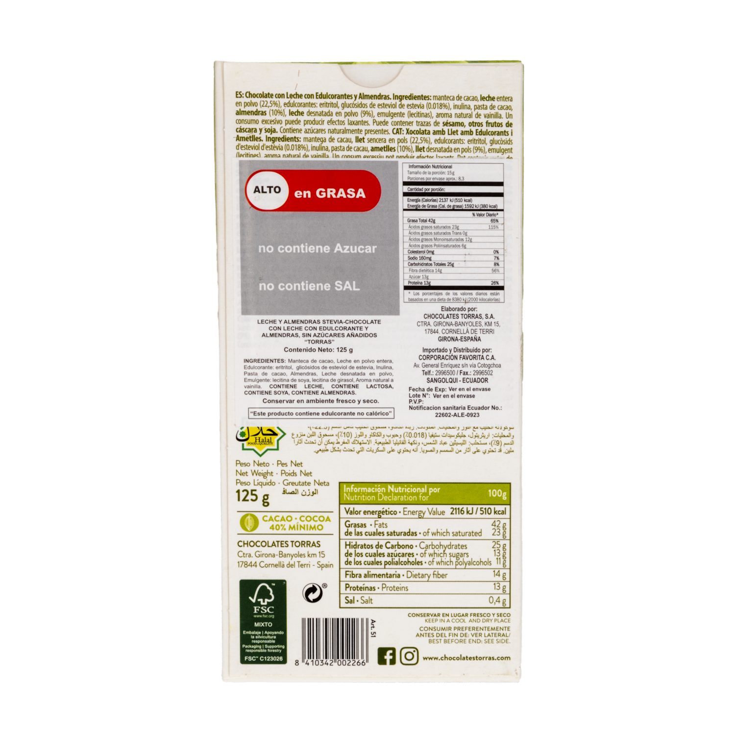 Chocolate Con Leche Con Almendras Endulzado Con Stevia TORRAS 125 G