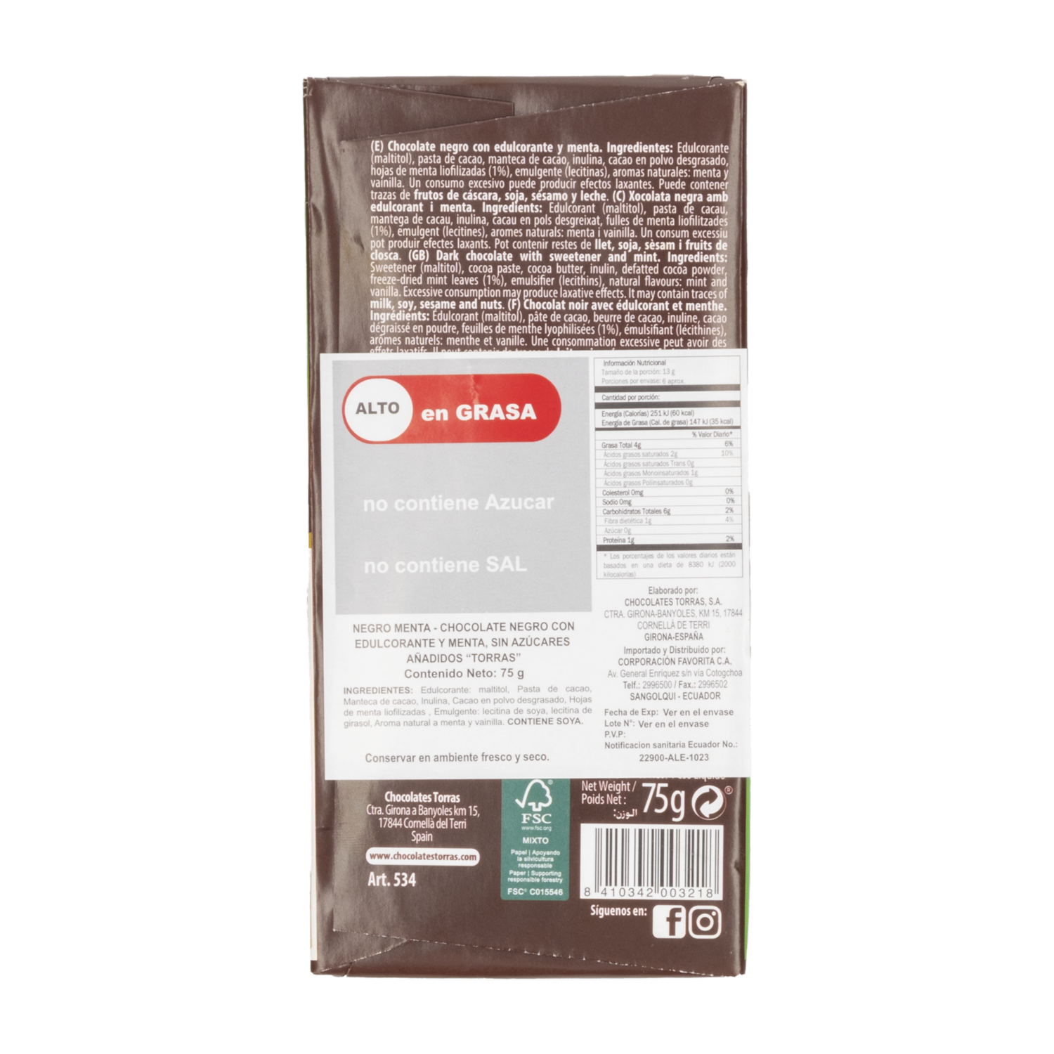 Chocolate Negro Sabor A Menta TORRAS 75 G