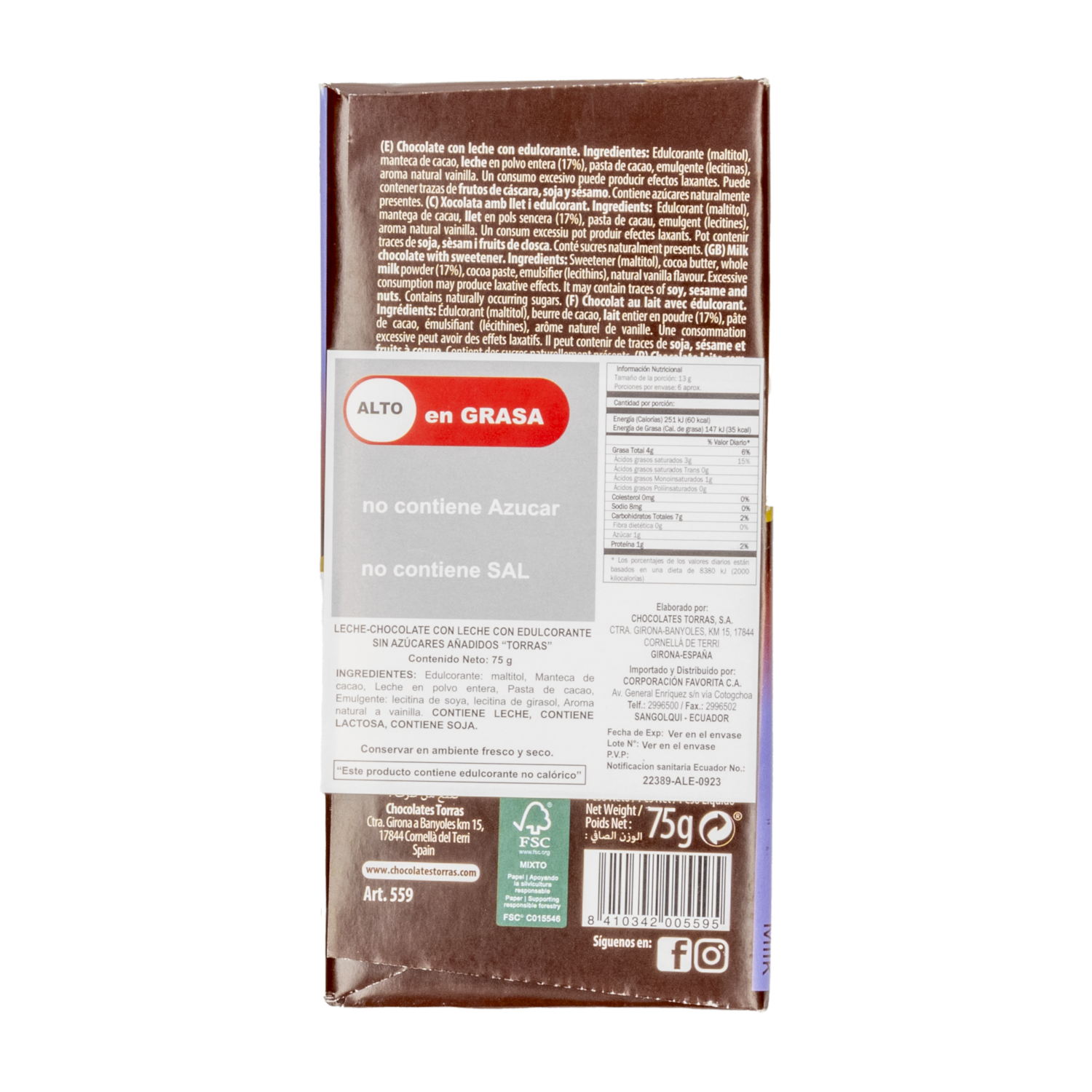 Chocolate Con Leche Sin Gluten TORRAS 75 G