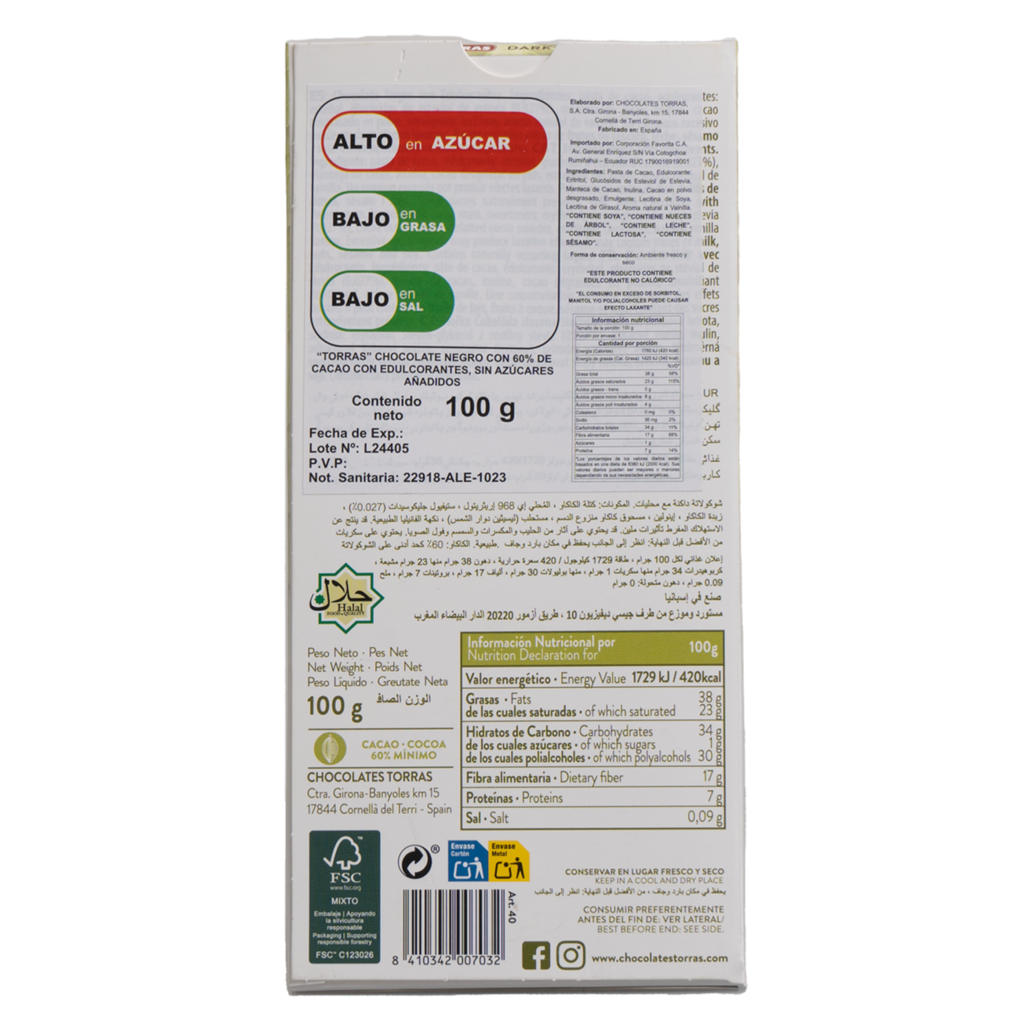 Chocolate Negro AL 60% Con Stevia Sin Azúcar Añadida TORRAS 100 G