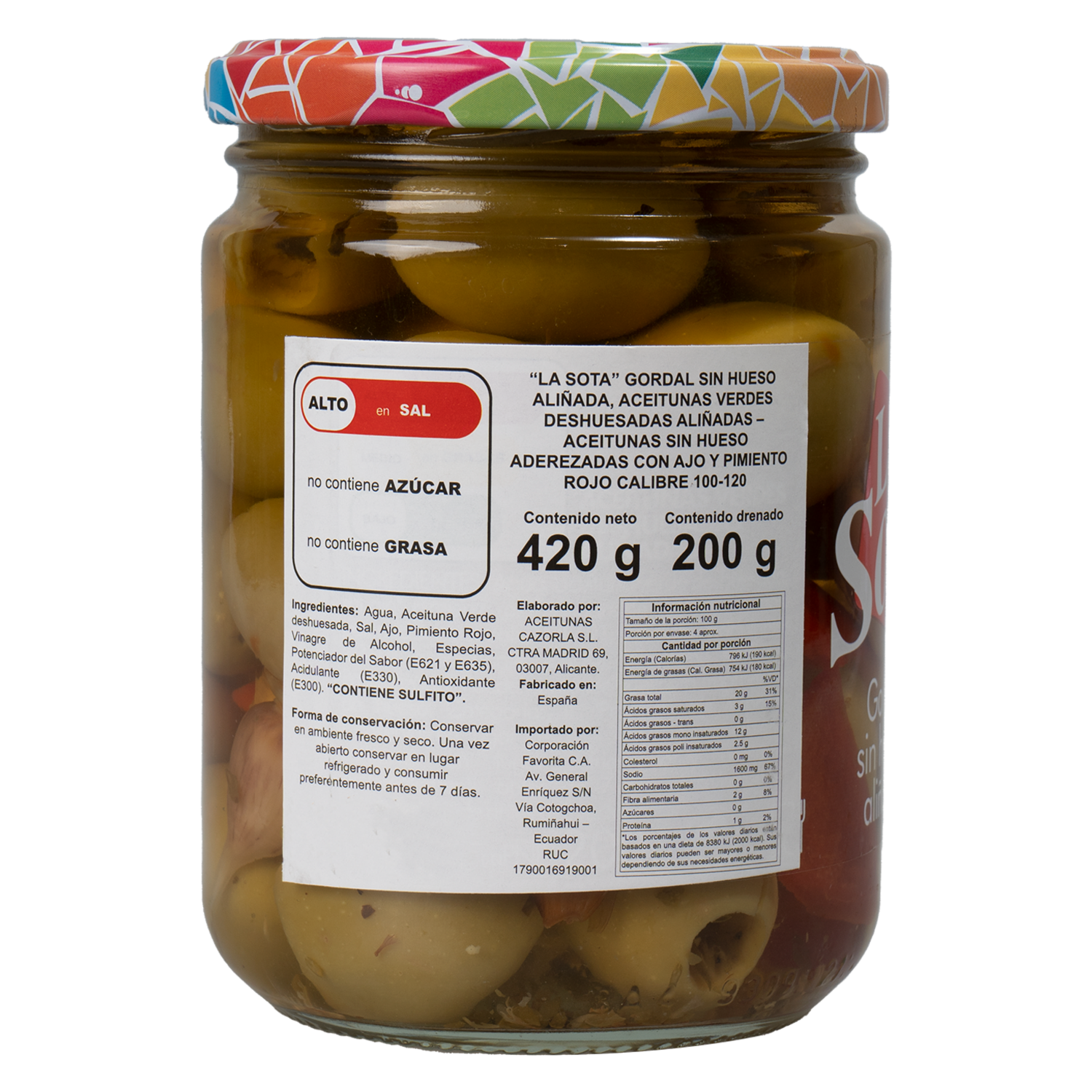 Aceitunas Gordal Con Ajo Y Pimiento Rojo LA SOTA 420 G