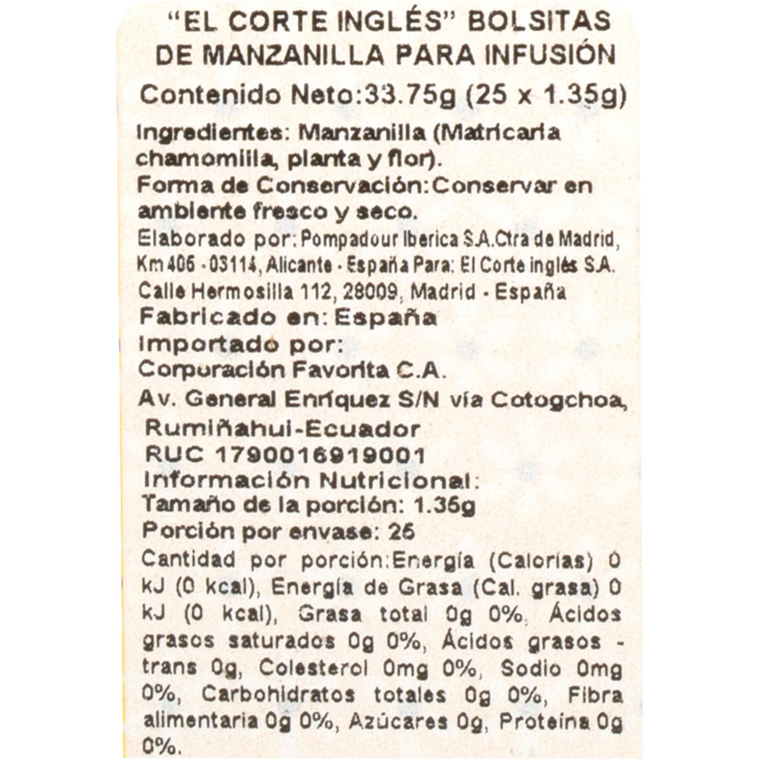 Infusión De Manzanilla EL CORTE INGLÉS 33.75 G