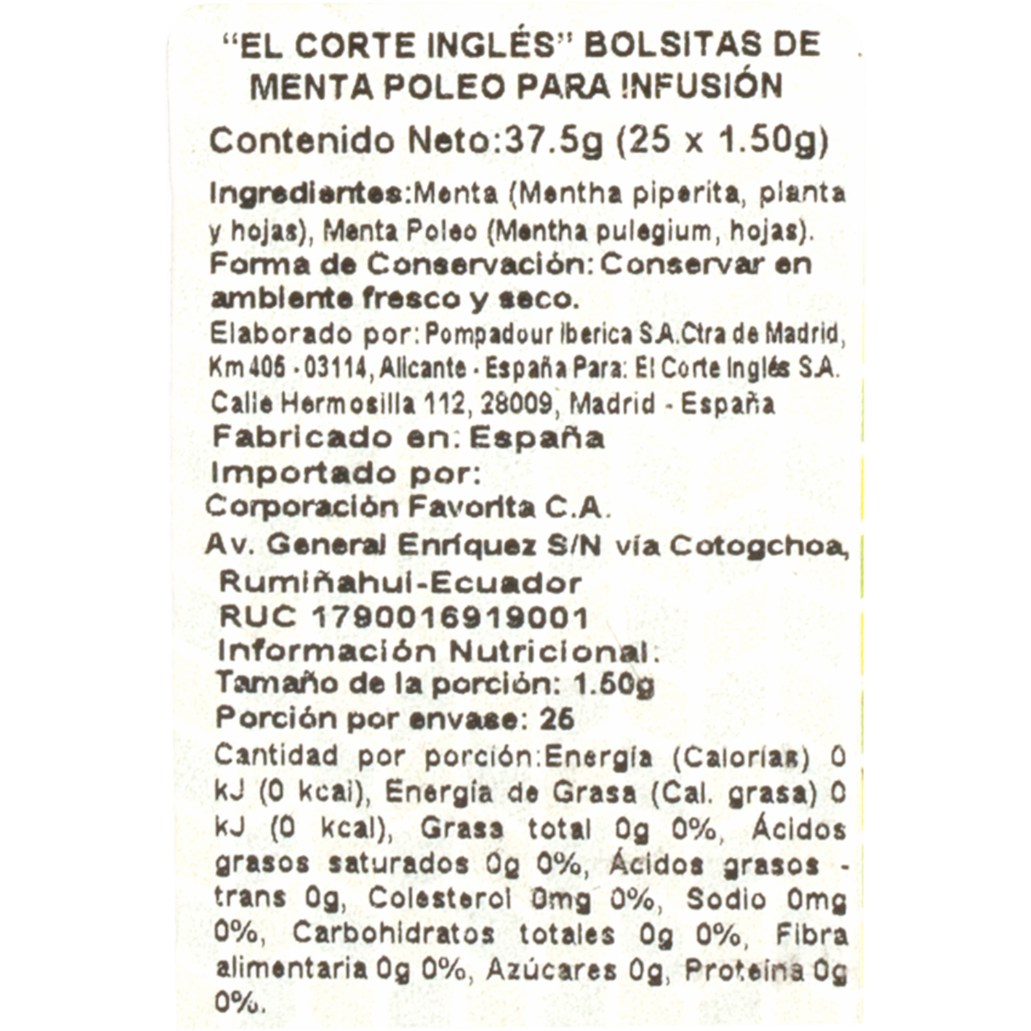 Infusión De Menta Y Poleo EL CORTE INGLÉS 37.50 G