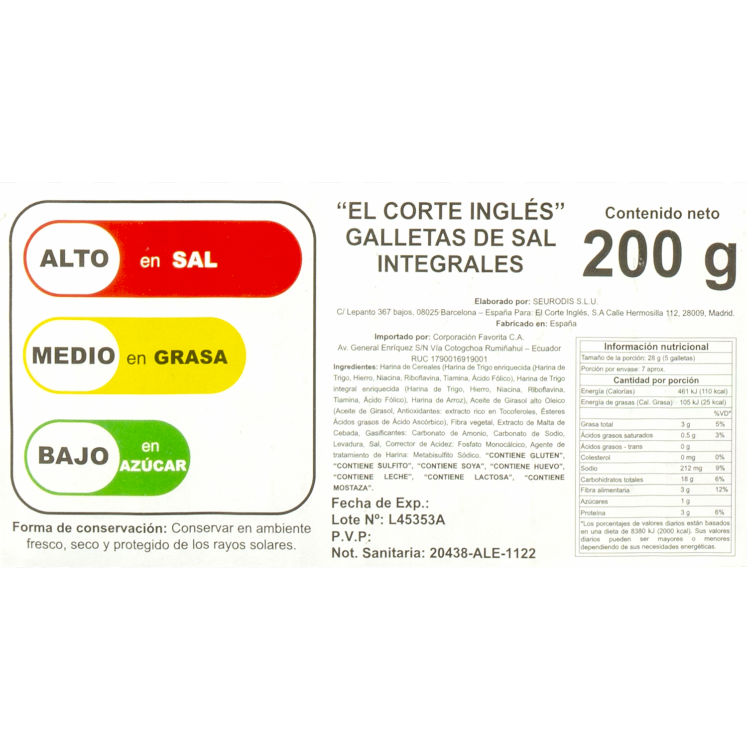 Galletas Integrales De Sal EL CORTE INGLÉS 200 G