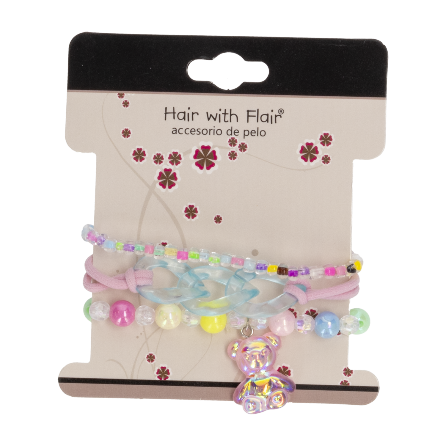 Pulsera Para Niñas Diseño Osito Rosado HAIR WITH FLAIR 3 Piezas
