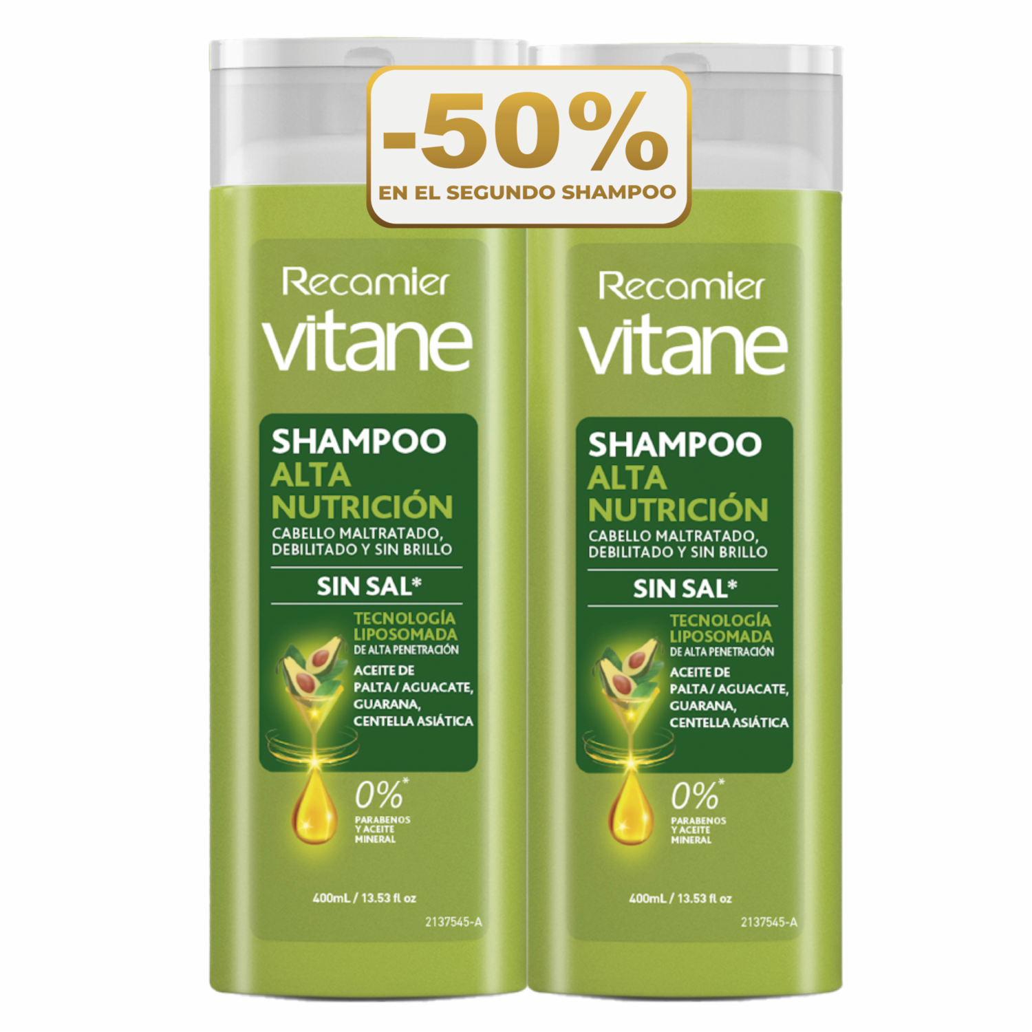 Shampoo De Cabello Alta Nutrición Sin Sal Precio Especial VITANE 2 X 400 Ml